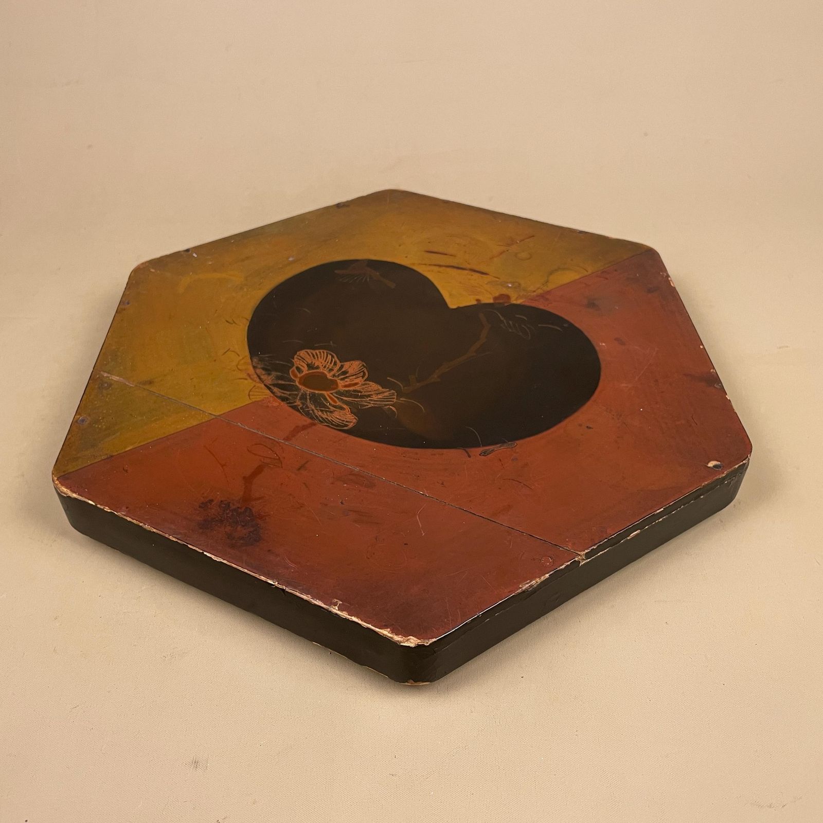 Antique Chinese Wooden Red Lacquer Box Hand Painted Oriental Decorative Storage Box Asian Art Collectible Hexagon Lidded Lid photo for sale