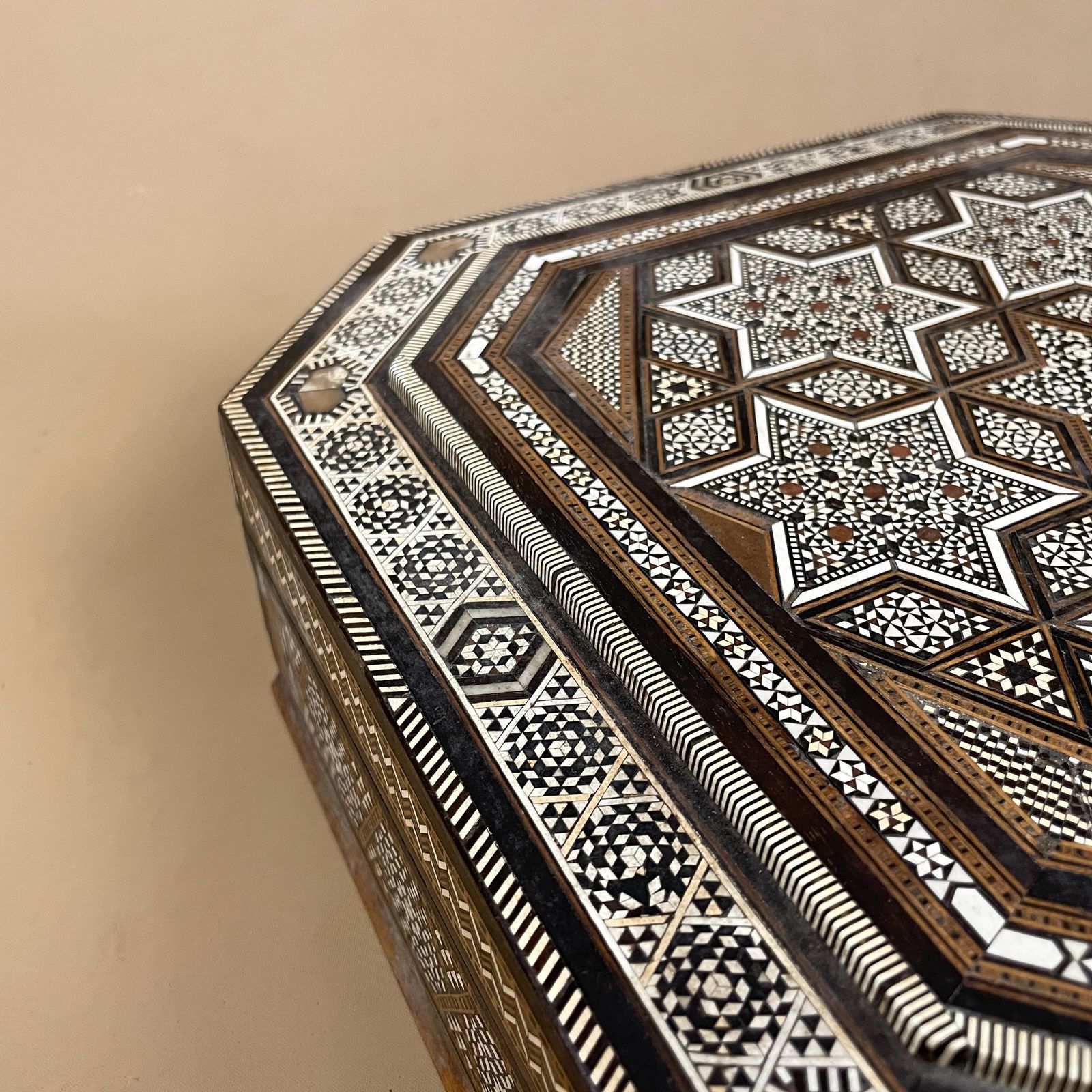 Wooden Hexagon Marquetry Inlay Box Trinket Jewellery Lidded Top Lid Patterned Pattern Handmade Table Top Wood Key Lock Geometric Pattern photo buy