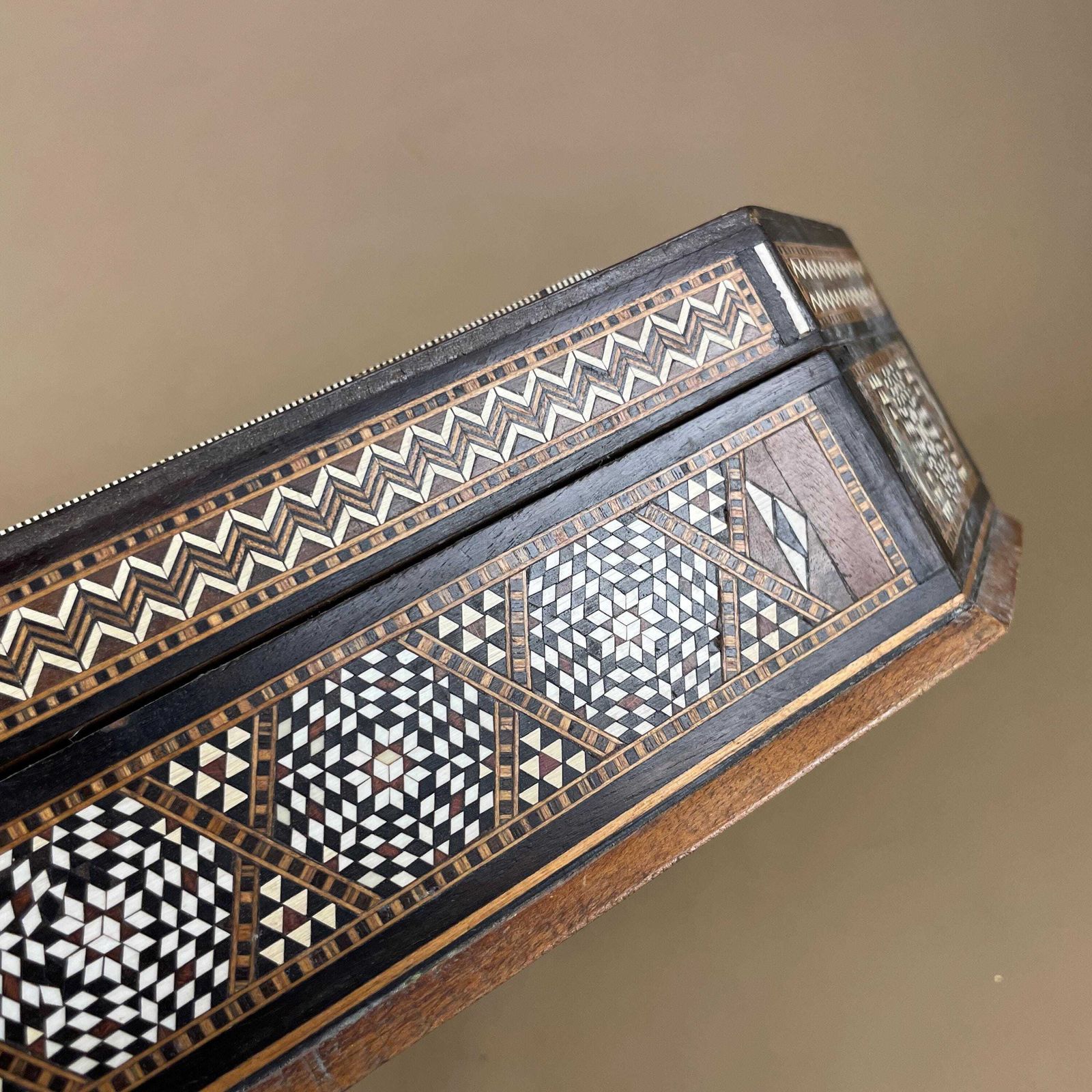 photo buy Wooden Hexagon Marquetry Inlay Box Trinket Jewellery Lidded Top Lid Patterned Pattern Handmade Table Top Wood Key Lock Geometric Pattern