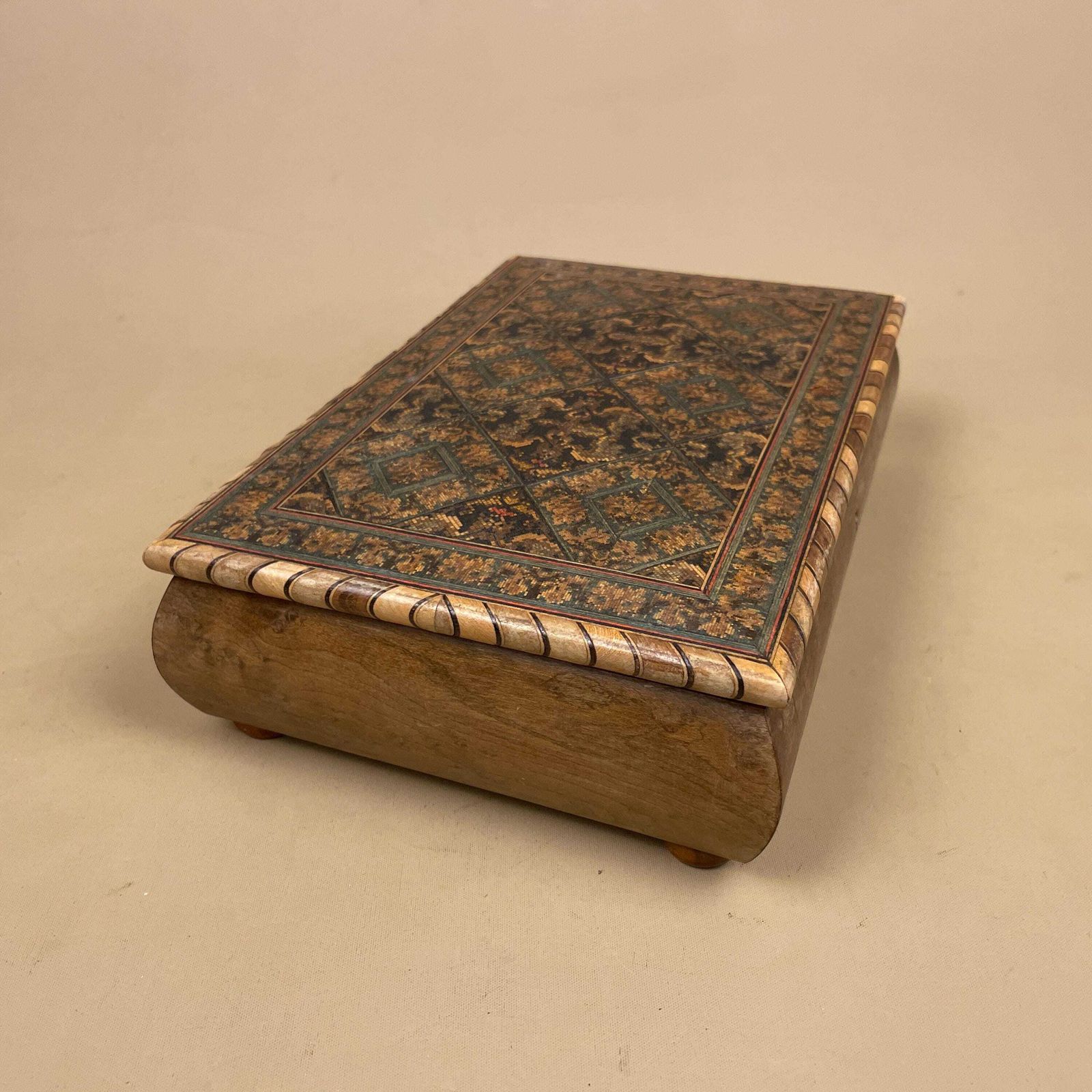 Wooden Rectangle Marquetry Inlay Box Trinket Jewellery Lidded Top Lid Patterned Pattern Handmade Table Top Wood Detailed Geometric Pattern photo vinterior