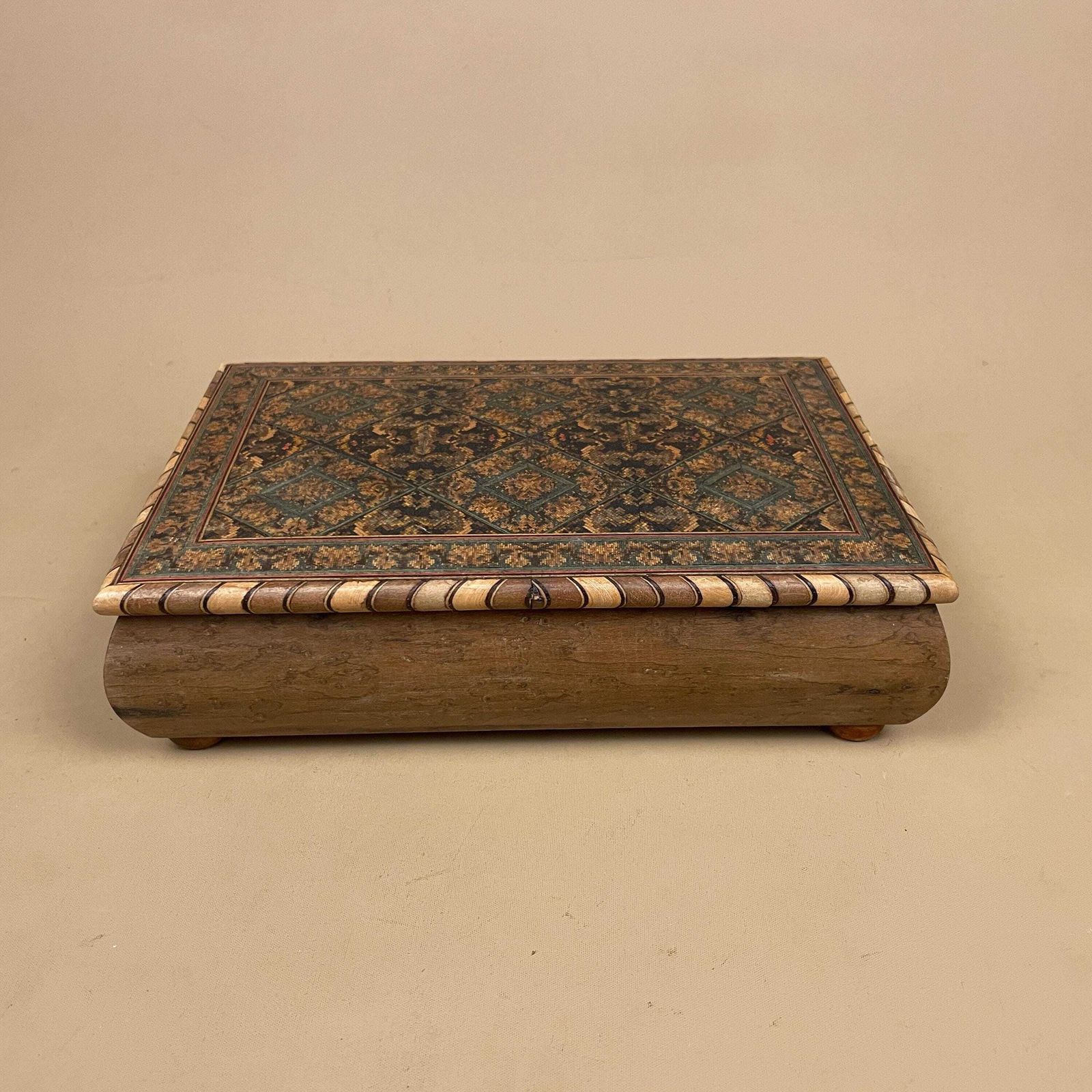 Wooden Rectangle Marquetry Inlay Box Trinket Jewellery Lidded Top Lid Patterned Pattern Handmade Table Top Wood Detailed Geometric Pattern photo buy
