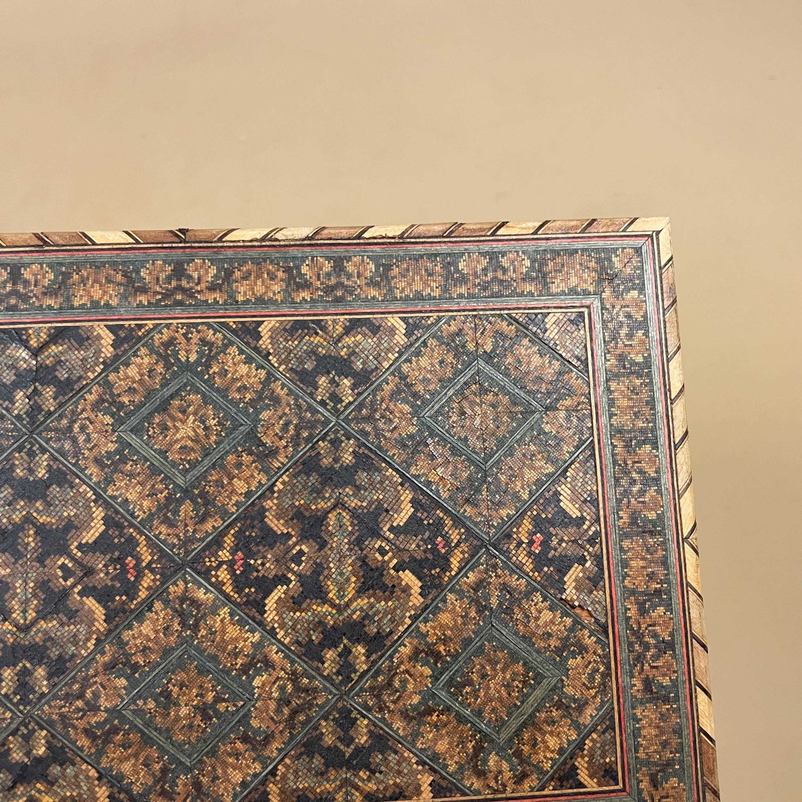 135.0 Wooden Rectangle Marquetry Inlay Box Trinket Jewellery Lidded Top Lid Patterned Pattern Handmade Table Top Wood Detailed Geometric Pattern photo