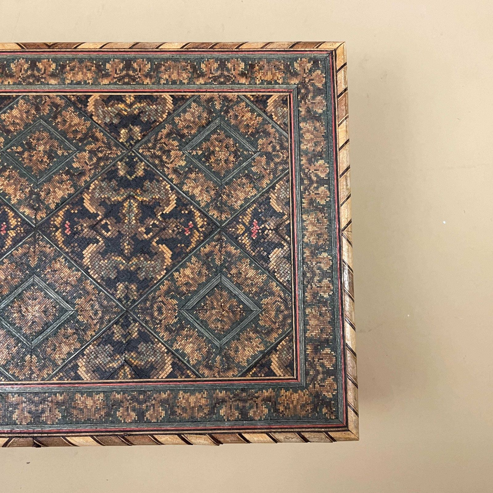 photo vintage Wooden Rectangle Marquetry Inlay Box Trinket Jewellery Lidded Top Lid Patterned Pattern Handmade Table Top Wood Detailed Geometric Pattern