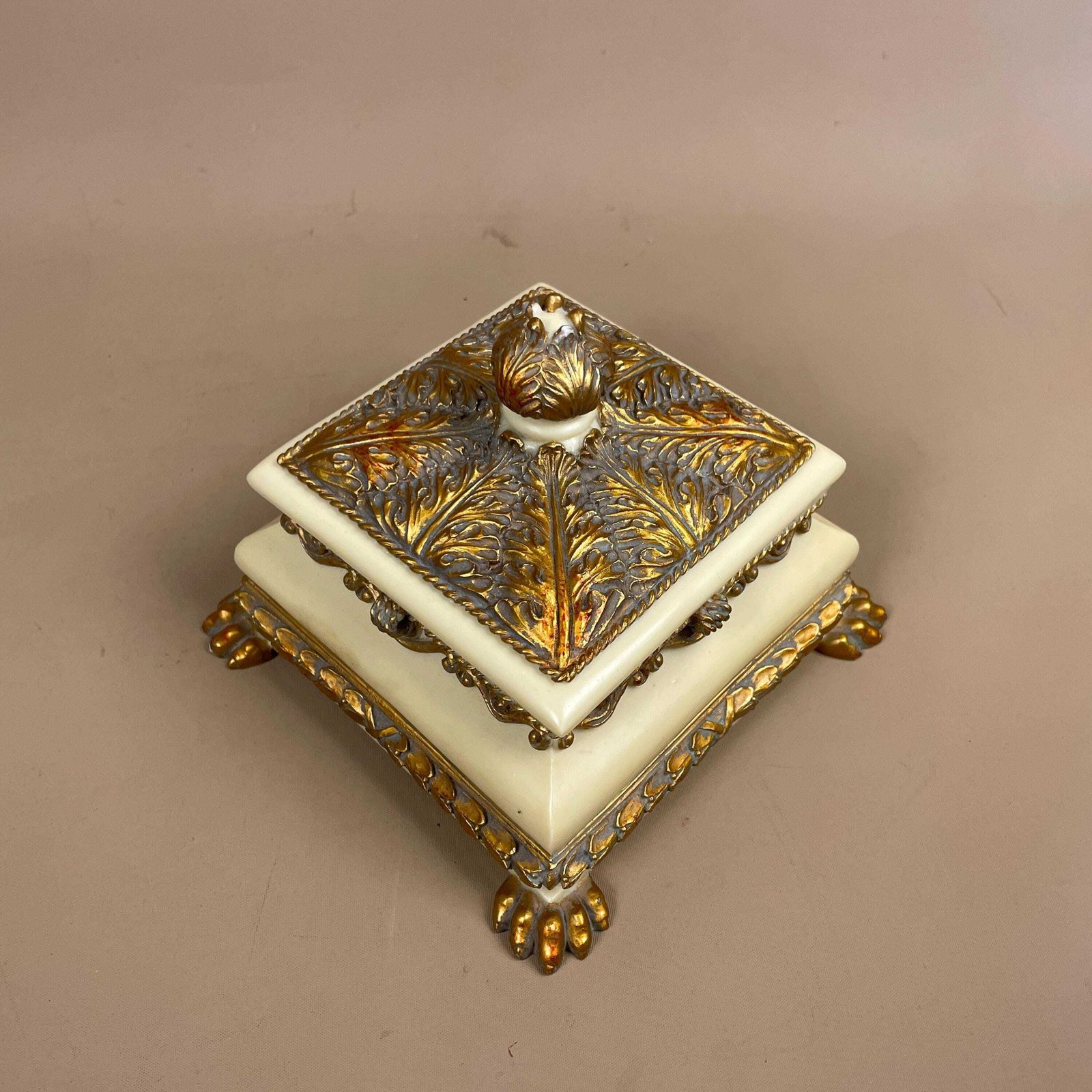 Cream Gold Resin Trinket Box Ornate Footed Jewellery Decorative Vintage Style Keepsake Storage Ring Dish Vanity Accessory photo for sale