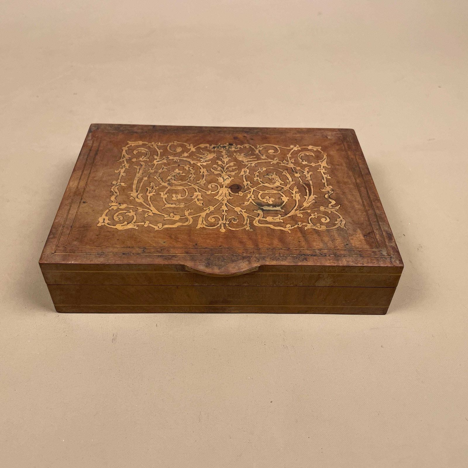 Wooden Rectangle Marquetry Inlay Box Trinket Jewellery Lidded Top Lid Patterned Pattern Handmade Table Top Wood Detailed Ornate Pattern photo furniture