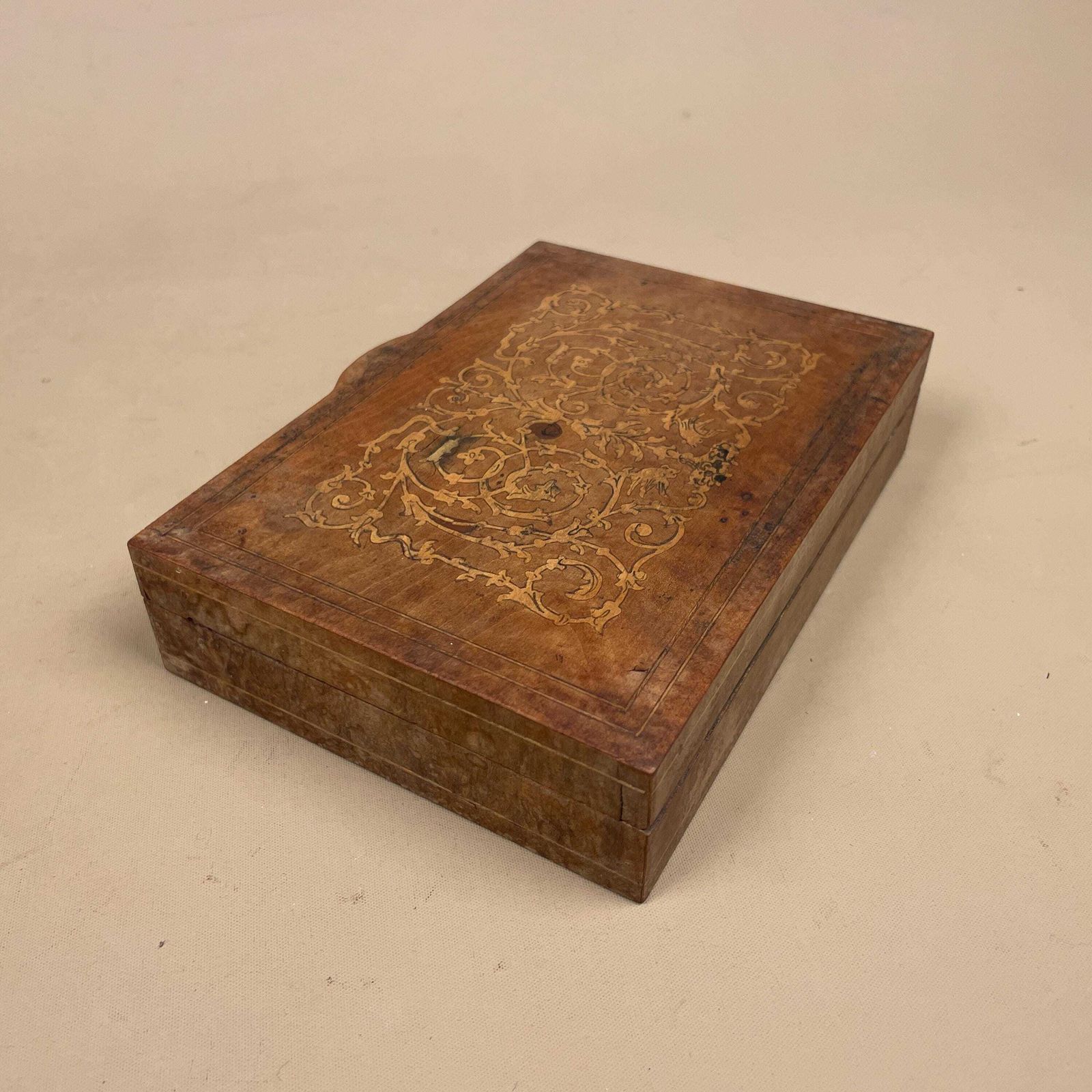 photo for sale Wooden Rectangle Marquetry Inlay Box Trinket Jewellery Lidded Top Lid Patterned Pattern Handmade Table Top Wood Detailed Ornate Pattern