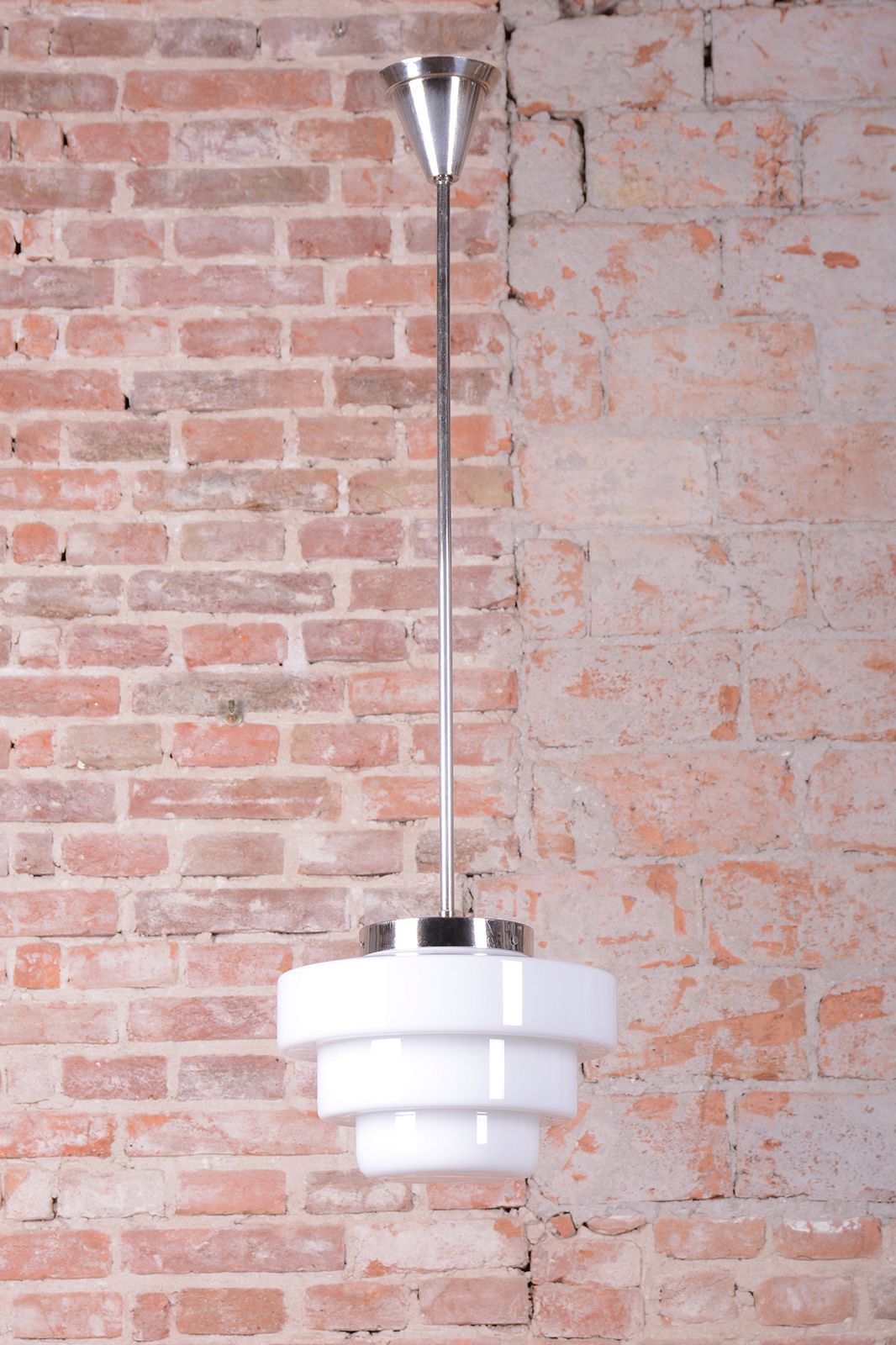 Restored Art Deco Chandelier, Chrome Plated Steel, Opaline Glass, Czech, 1920s photo furniture