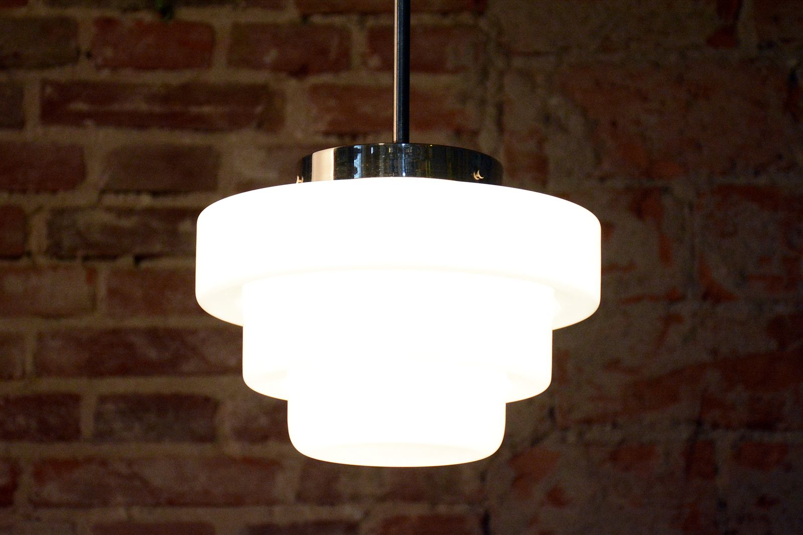 Restored Art Deco Chandelier, Chrome Plated Steel, Opaline Glass, Czech, 1920s photo buy