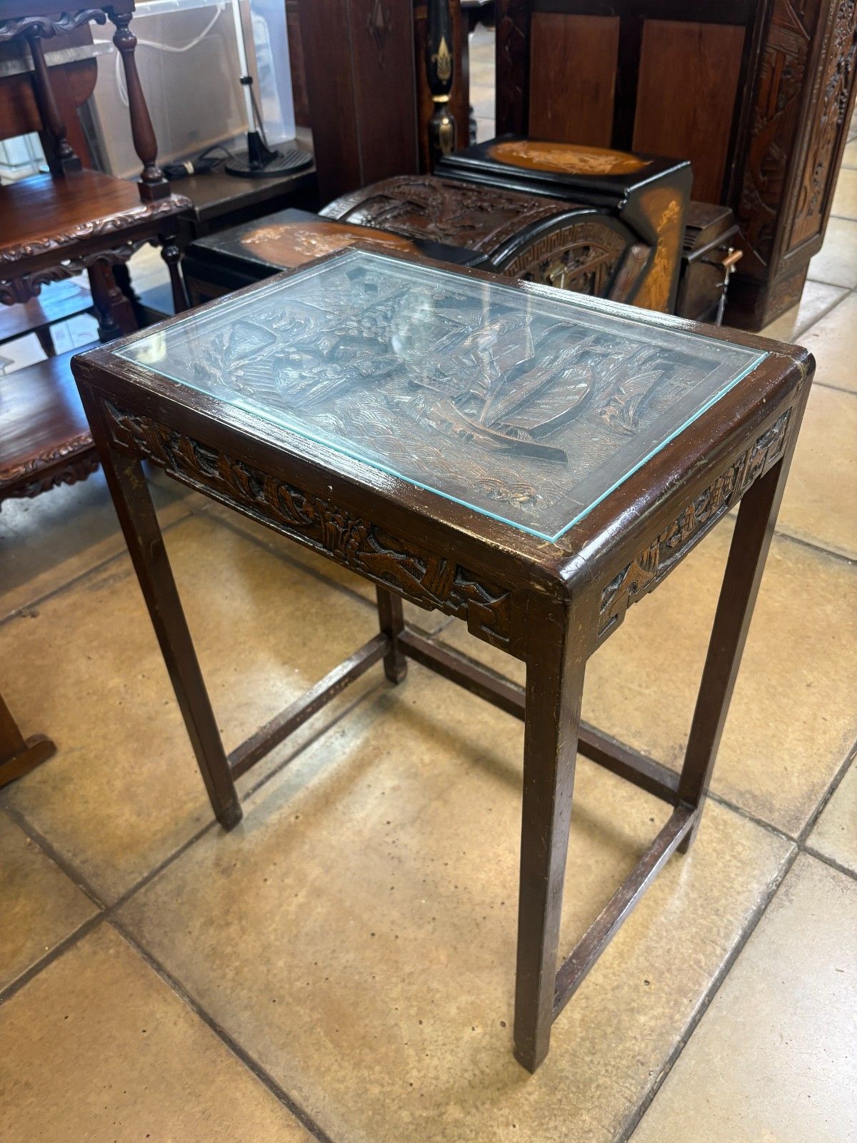 Furniture Antique Chinese Heavily Carved Four Nest Of Tables With Glass Tops photo
