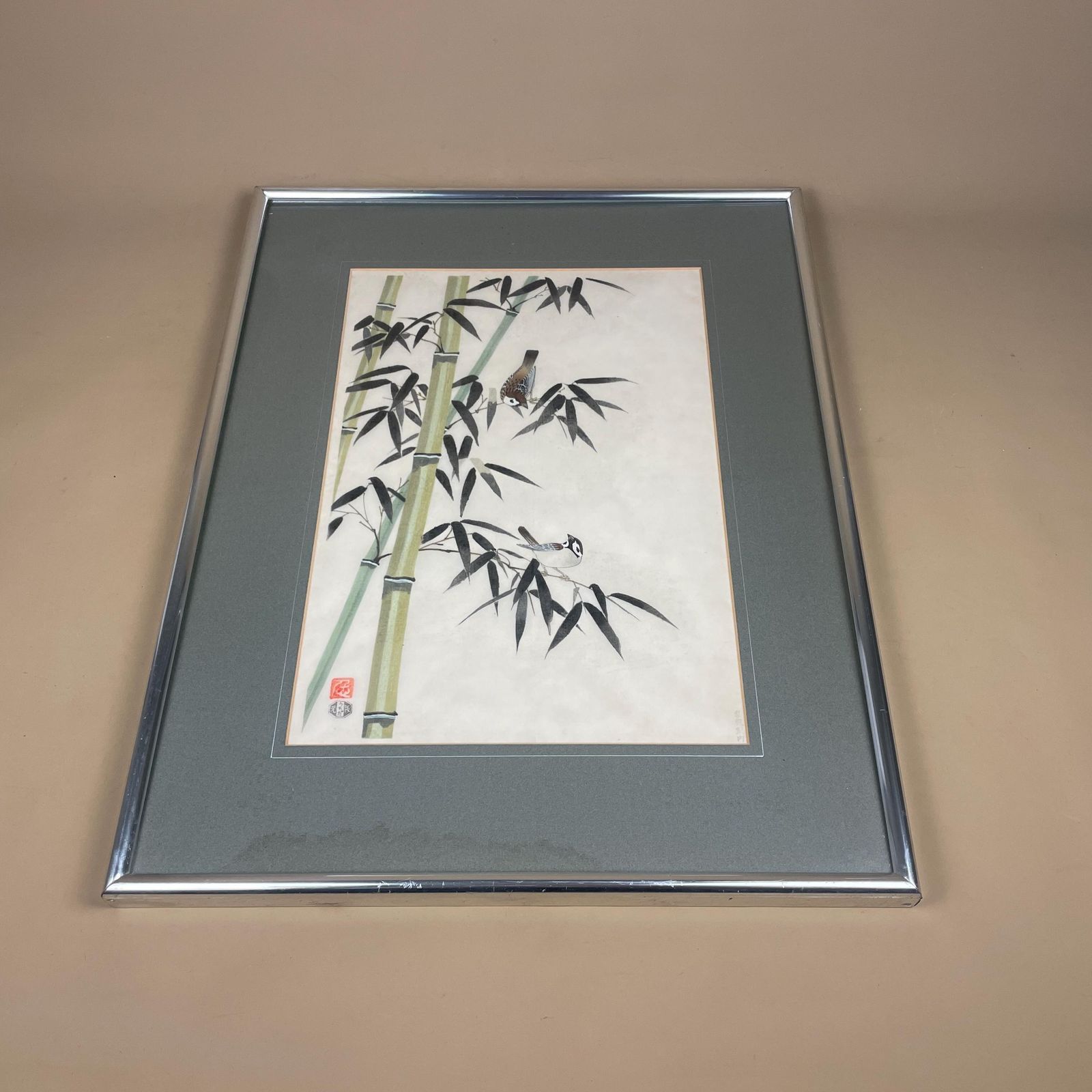 Oriental Hand Painted Picture Framed Vintage Bamboo Birds Silver Frame Wood Art Silk Antique 60x47cm Original Artwork Fabric Block Printed photo Art