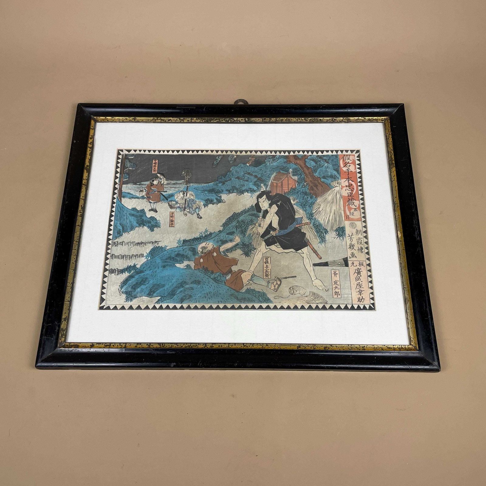 Antique Hand Printed Painted Picture Framed Oriental Art Original Print Black Vintage Wood Japanese 38x48cm Original Artwork Japan photo 215.0