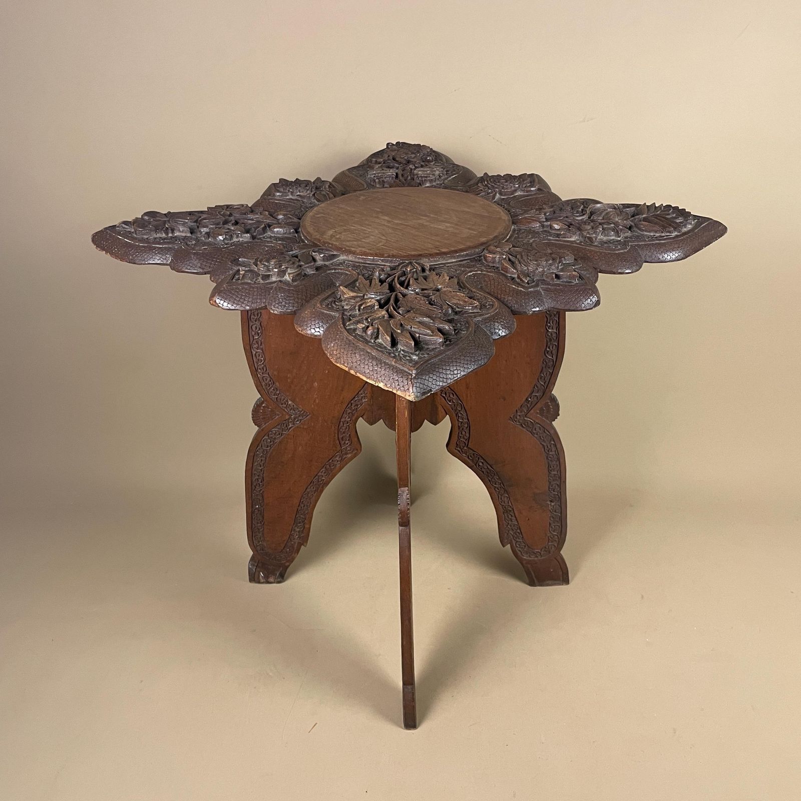 Anglo Indian Wooden Table Fold Down Campaign Decorative Intricate Patterned Hand Crafted Square C.1900 Antique Asian Plant Stand Carved Wood