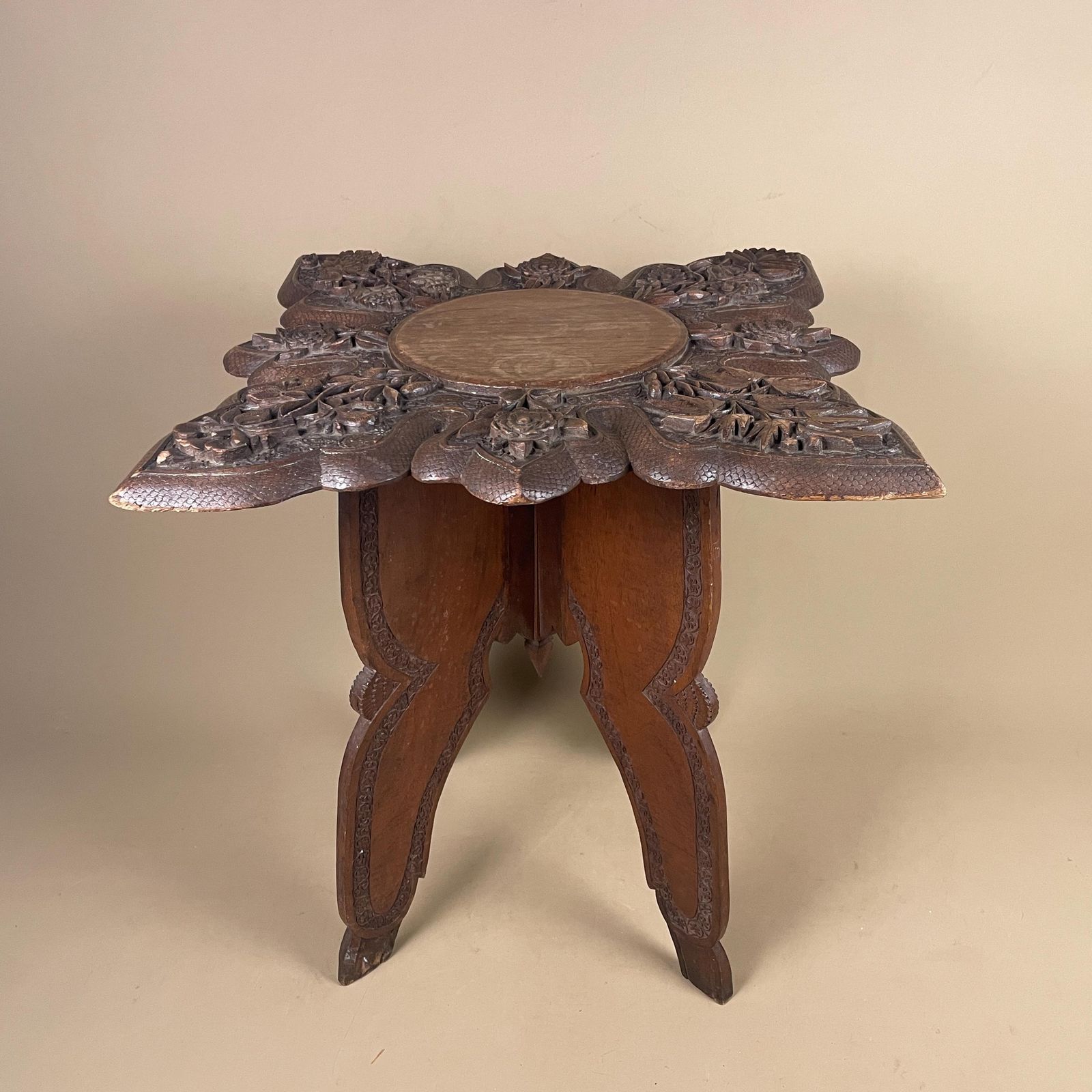 Anglo Indian Wooden Table Fold Down Campaign Decorative Intricate Patterned Hand Crafted Square C.1900 Antique Asian Plant Stand Carved Wood photo for sale