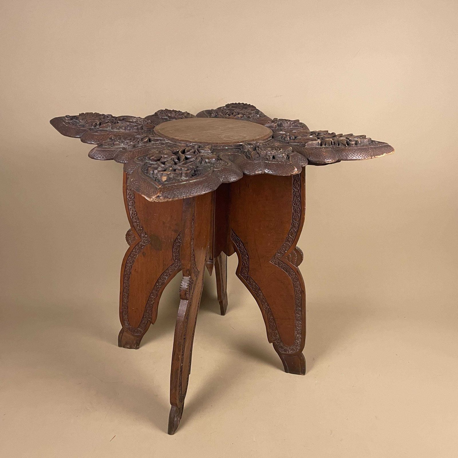 Anglo Indian Wooden Table Fold Down Campaign Decorative Intricate Patterned Hand Crafted Square C.1900 Antique Asian Plant Stand Carved Wood photo 215.0