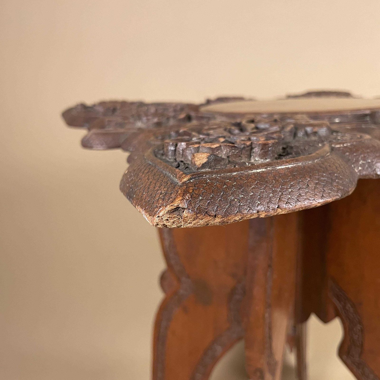 Anglo Indian Wooden Table Fold Down Campaign Decorative Intricate Patterned Hand Crafted Square C.1900 Antique Asian Plant Stand Carved Wood photo vinterior