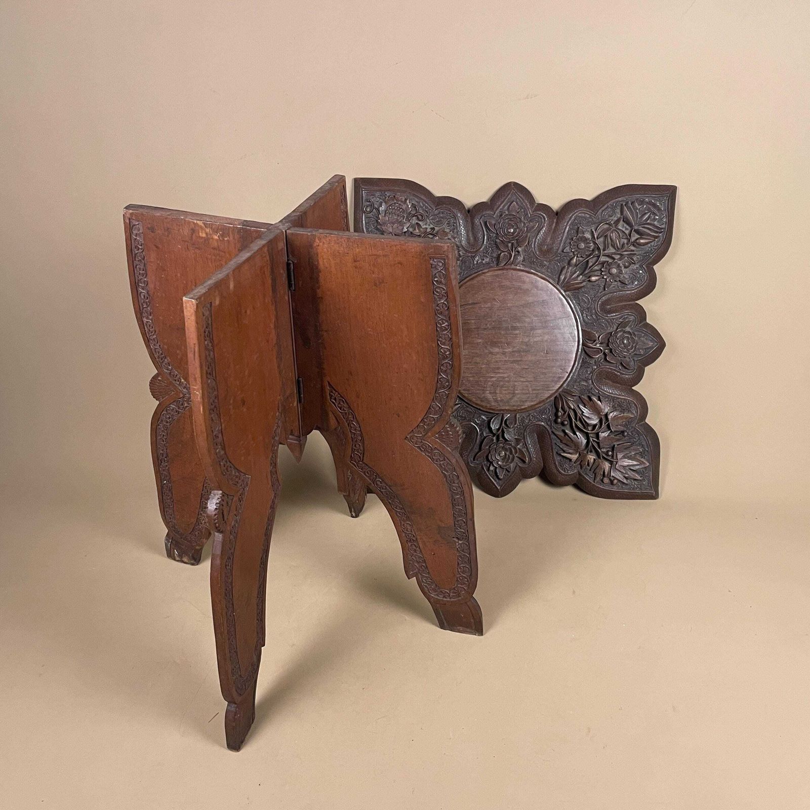 photo buy Anglo Indian Wooden Table Fold Down Campaign Decorative Intricate Patterned Hand Crafted Square C.1900 Antique Asian Plant Stand Carved Wood