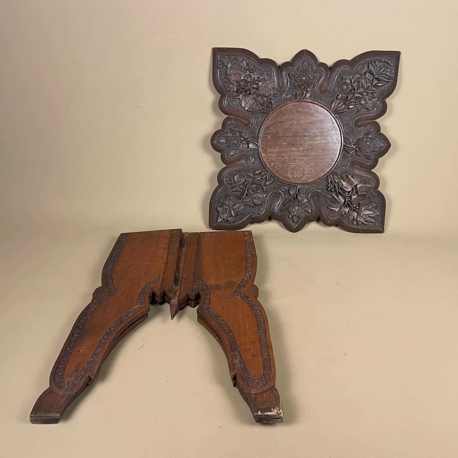 photo vintage Anglo Indian Wooden Table Fold Down Campaign Decorative Intricate Patterned Hand Crafted Square C.1900 Antique Asian Plant Stand Carved Wood