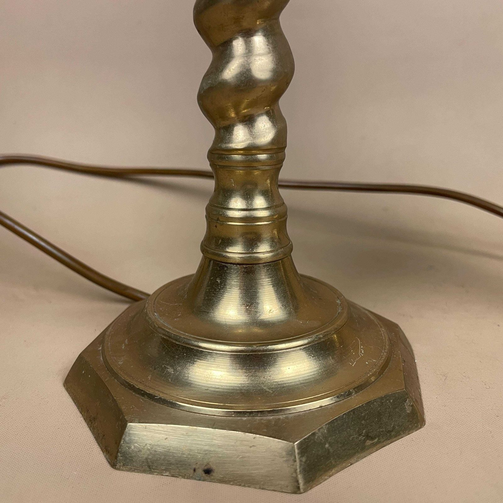 Antique Matching Pair Of Metal Gold Brass Lamps Lights Bedside Side Lamp Table Desk Light Column Octagon Base Vintage Classic Two Set photo Lighting