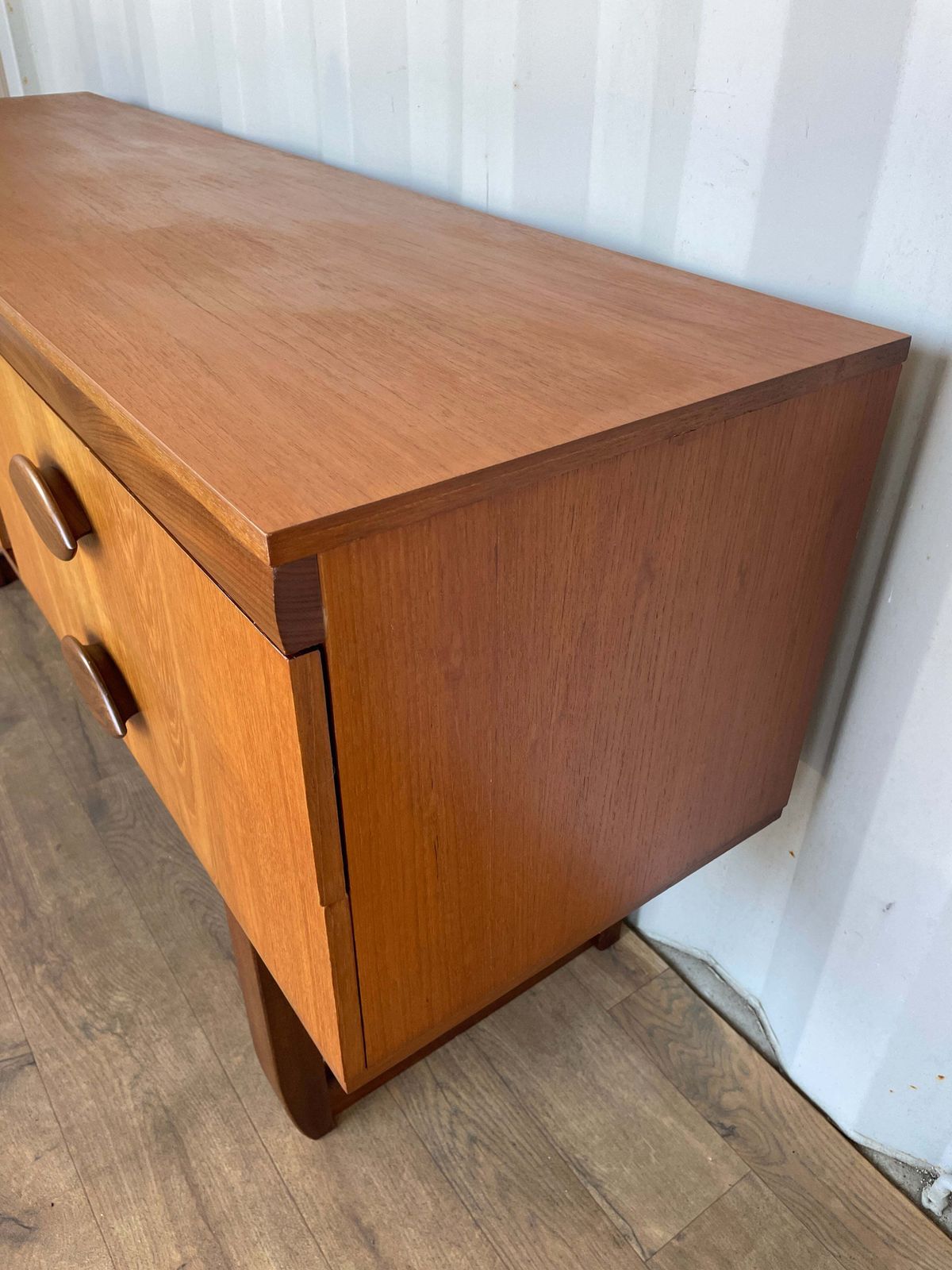 photo for sale Vintage Teak Mid Century Sideboard – 4 Drawer Scandinavian Style Cabinet With Sculpted Handles – 153cm