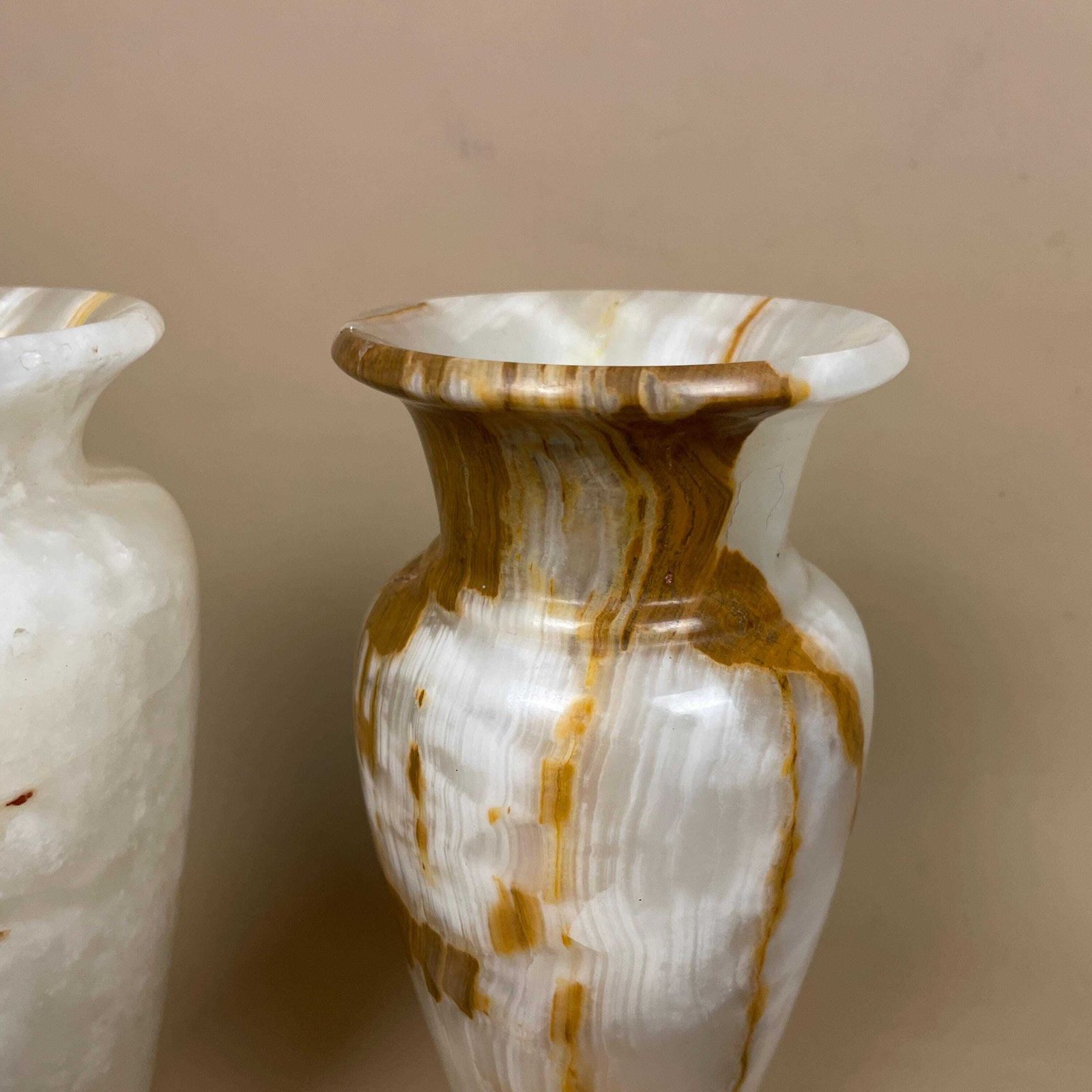 Marble Vases Pots Brown Green Cream Natural Pattern Ornament Vintage Decorative Onyx Hand Carved Stone Pair Tabletop Accent Mantel Decor photo vinterior