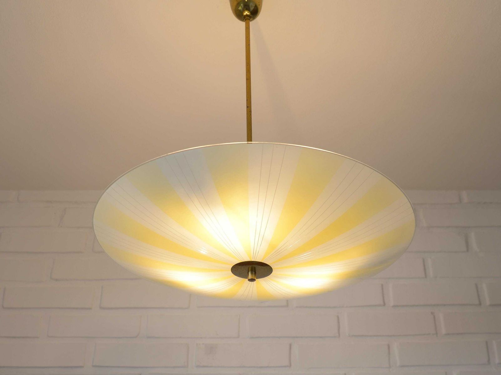 Vintage Sunburst Hanging Lamp / Yellow Glass Chandelier / Saucer Pendant Lamp / Space Age 1950's photo vinterior