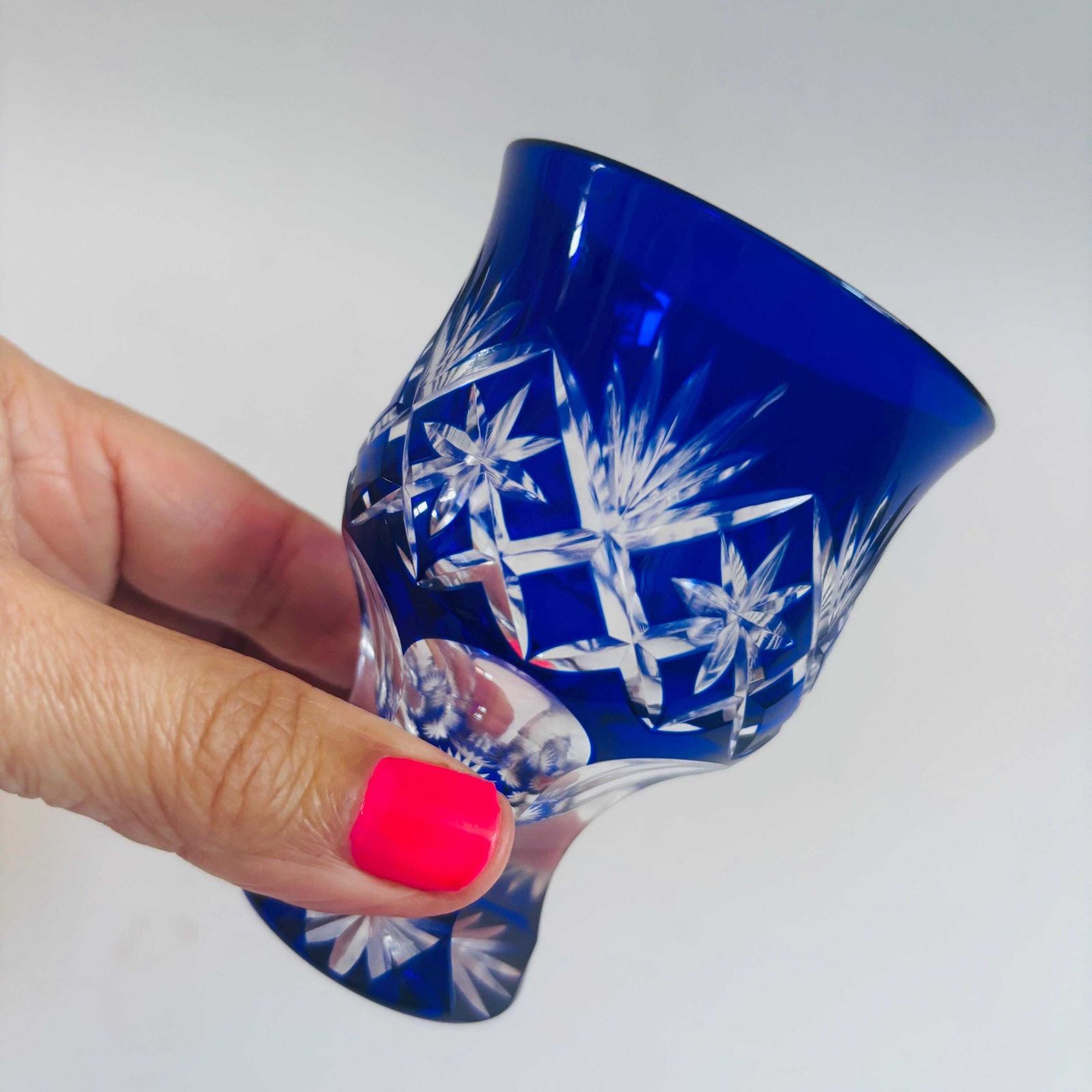 Edo Kiriko Cobalt Blue Crystal Sake Cup – Mid Century Hoshi Star Motif photo vintage