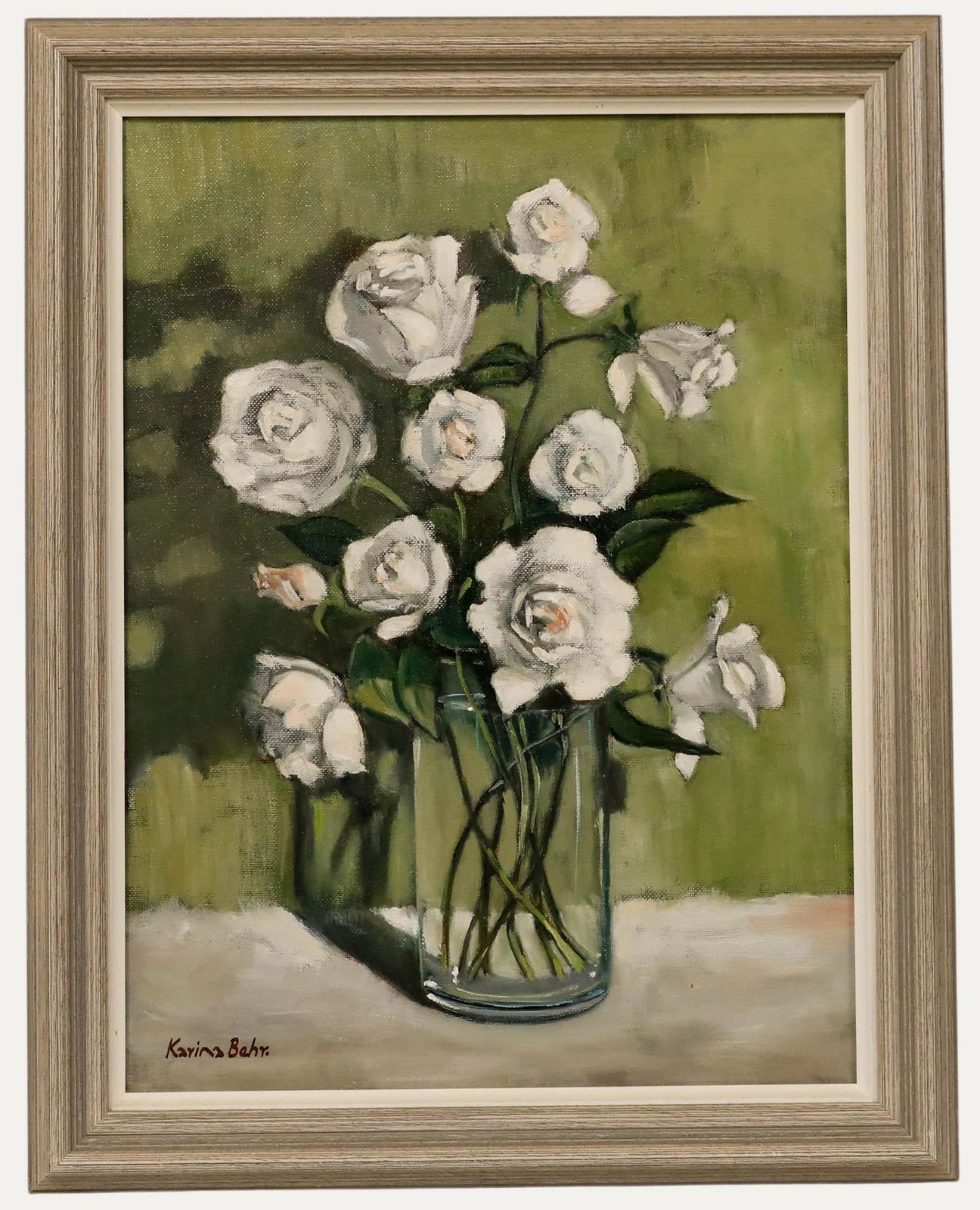 Kerina Behr Framed Contemporary Oil, White Roses In A Vase