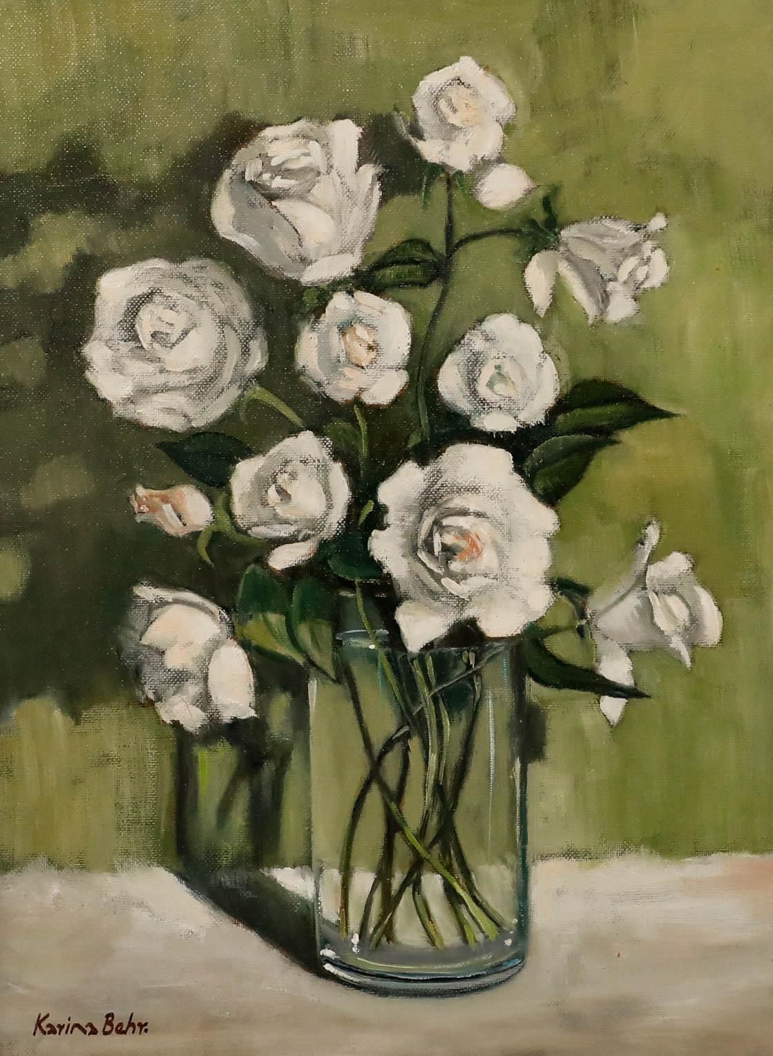 Kerina Behr Framed Contemporary Oil, White Roses In A Vase photo furniture