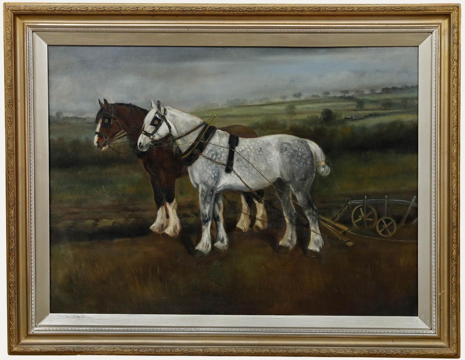 Framed Early 20th Century Oil Ploughing Team In A Landscape