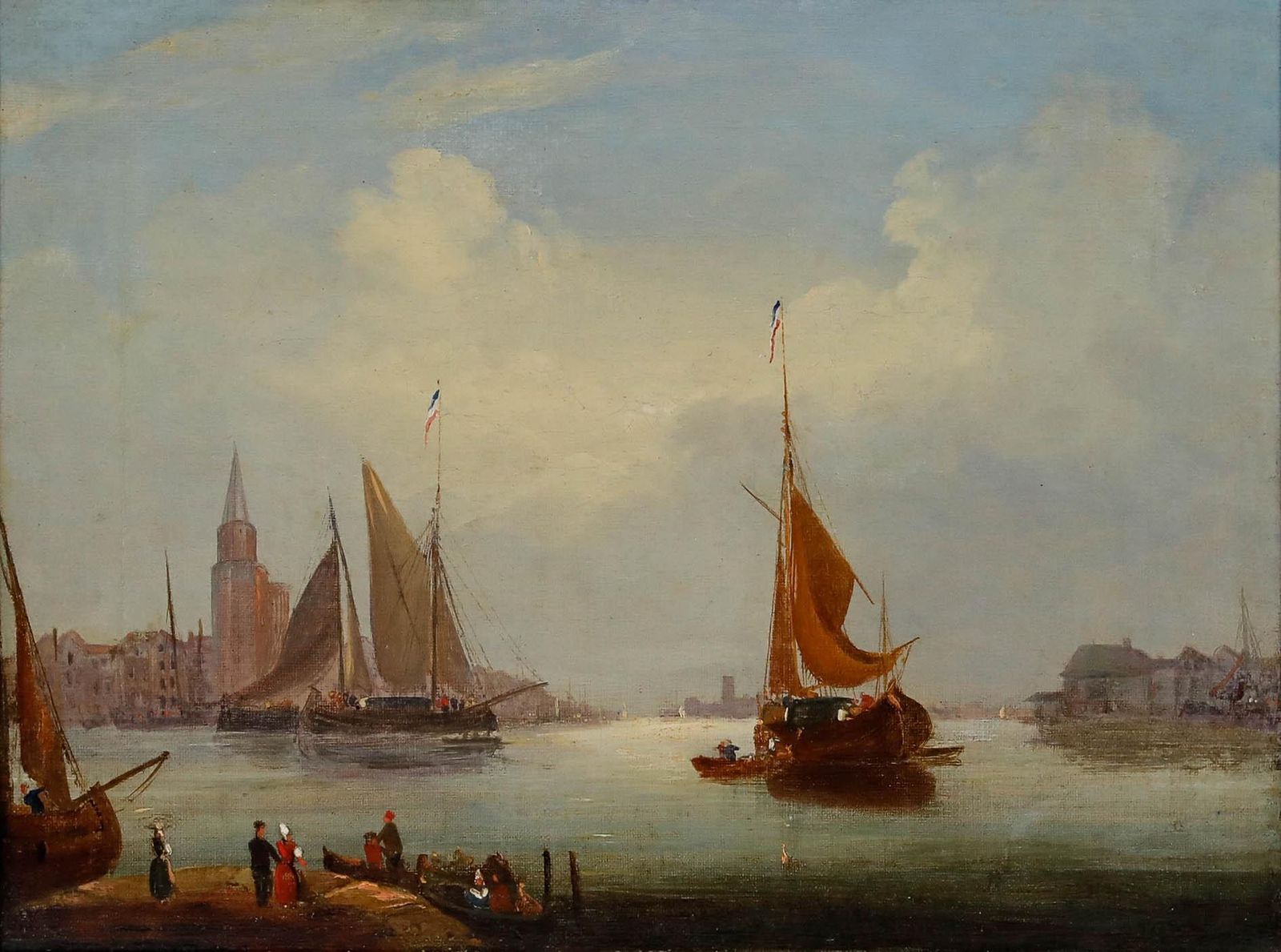 Framed 19th Century Oil A Busy Dutch Port photo furniture