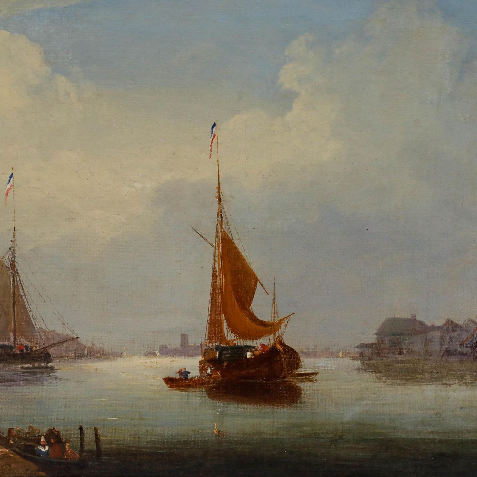 Framed 19th Century Oil A Busy Dutch Port photo Art