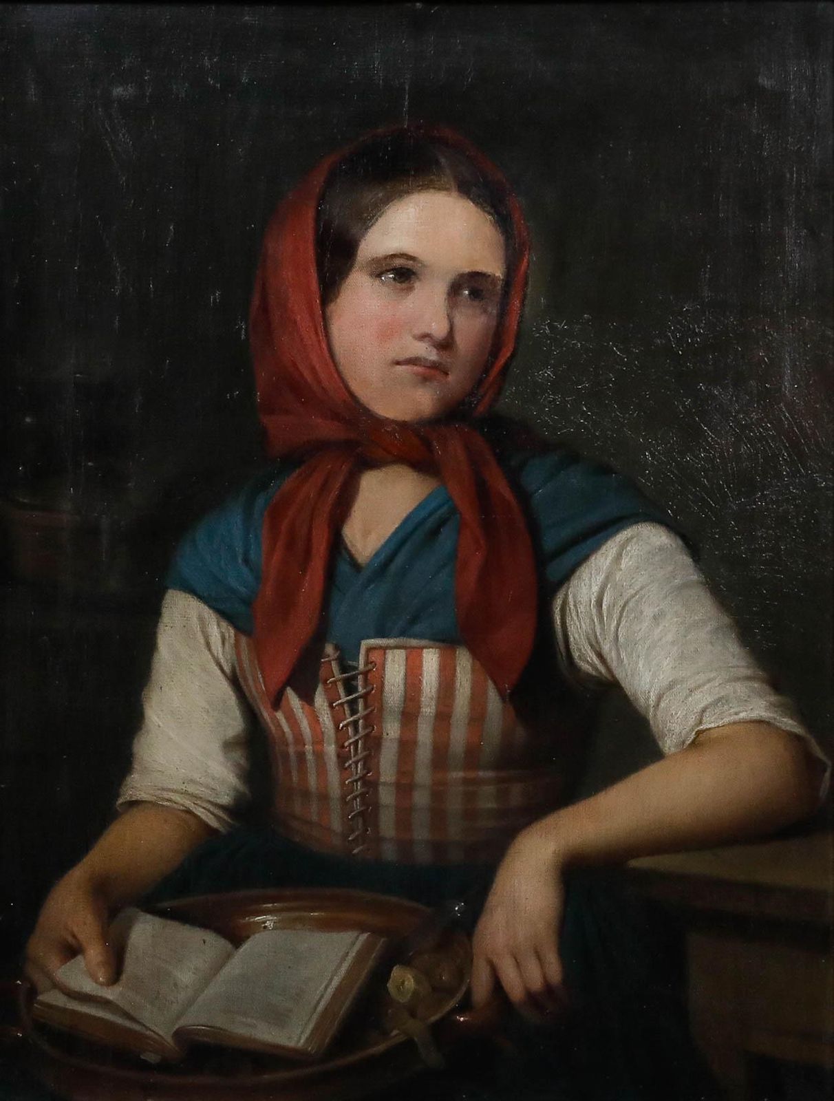 Large Framed Early 20th Century Oil Lady In The Red Headscarf photo furniture