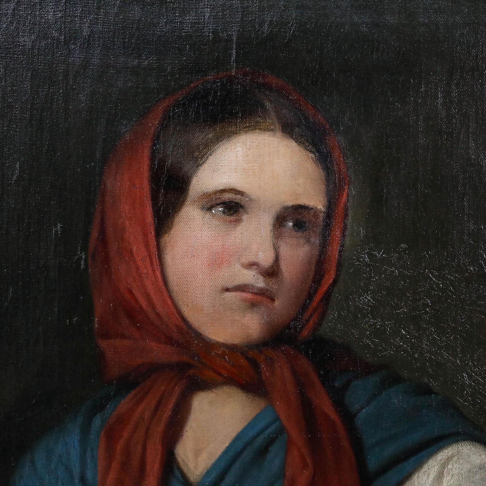 Large Framed Early 20th Century Oil Lady In The Red Headscarf photo Art
