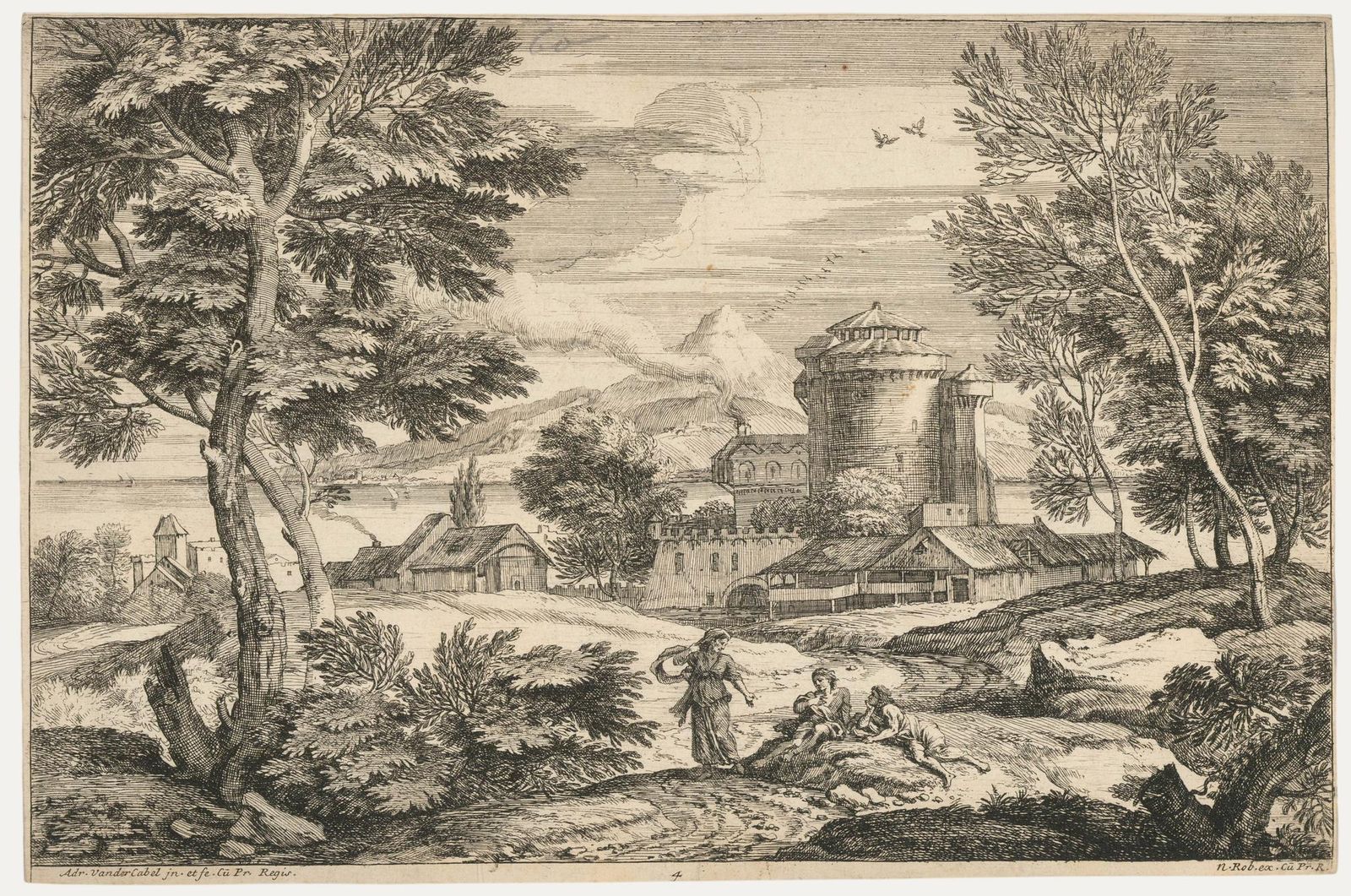 Adriaen Van Der Cabel (1631 1705) 17th Century Etching, Figures In A Landscape