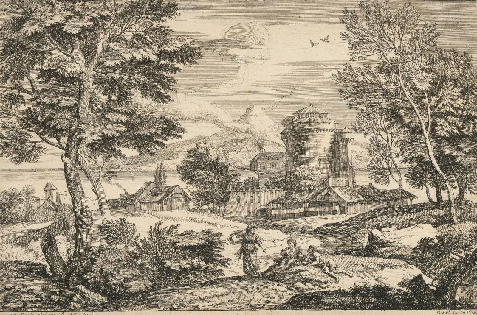 Adriaen Van Der Cabel (1631 1705) 17th Century Etching, Figures In A Landscape photo furniture
