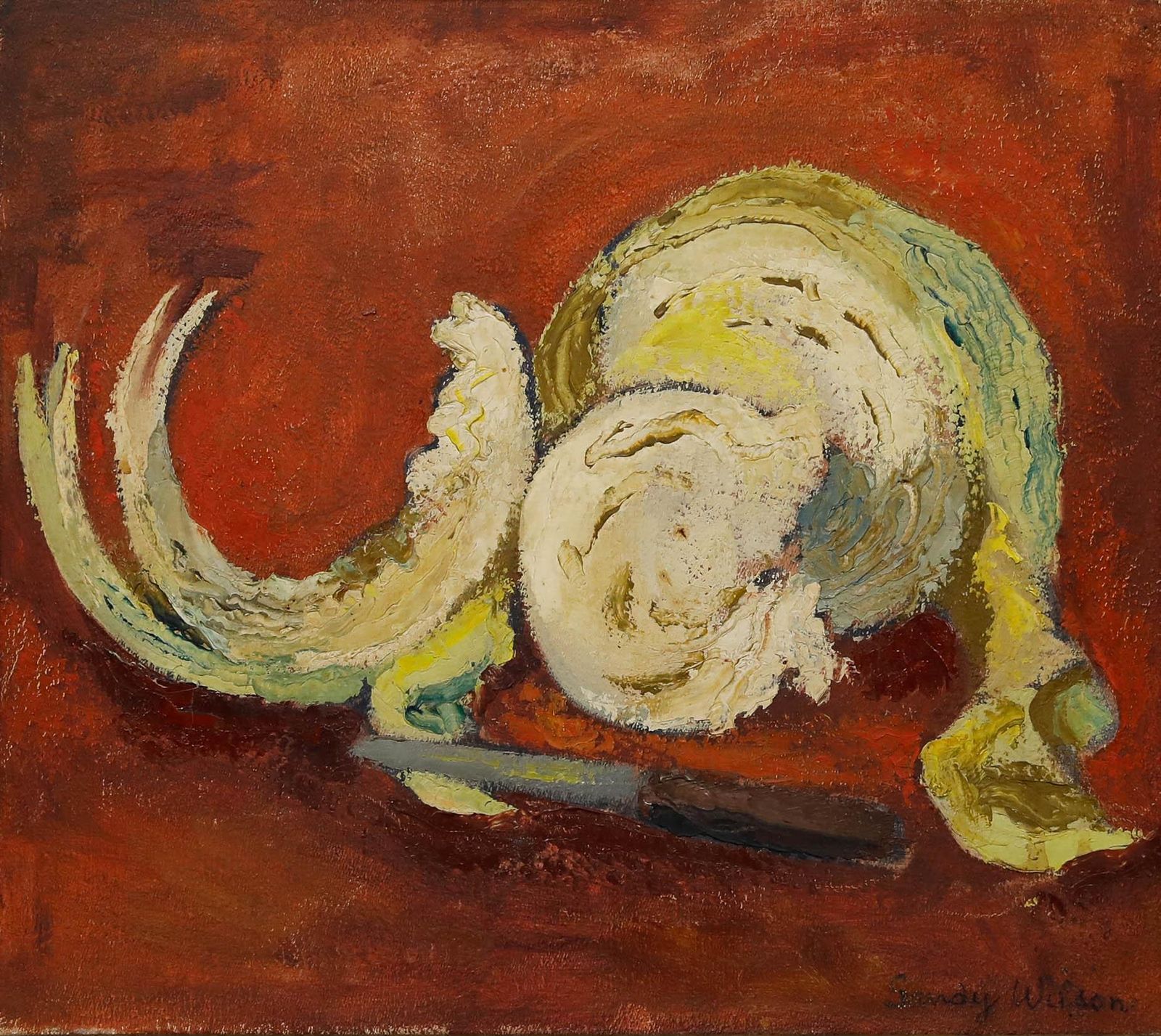 Sandy Wilson (1924 2014) Framed Mid 20th Century Oil, Cabbage & A Knife photo furniture