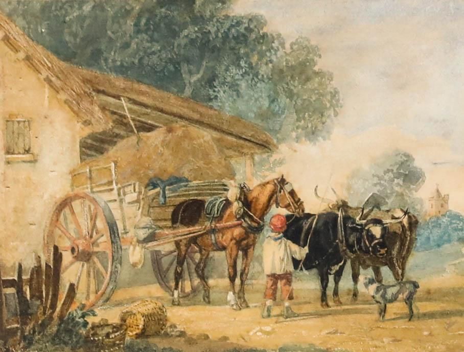 Framed Mid 19th Century Watercolour The Haywagon & Working Oxen photo furniture