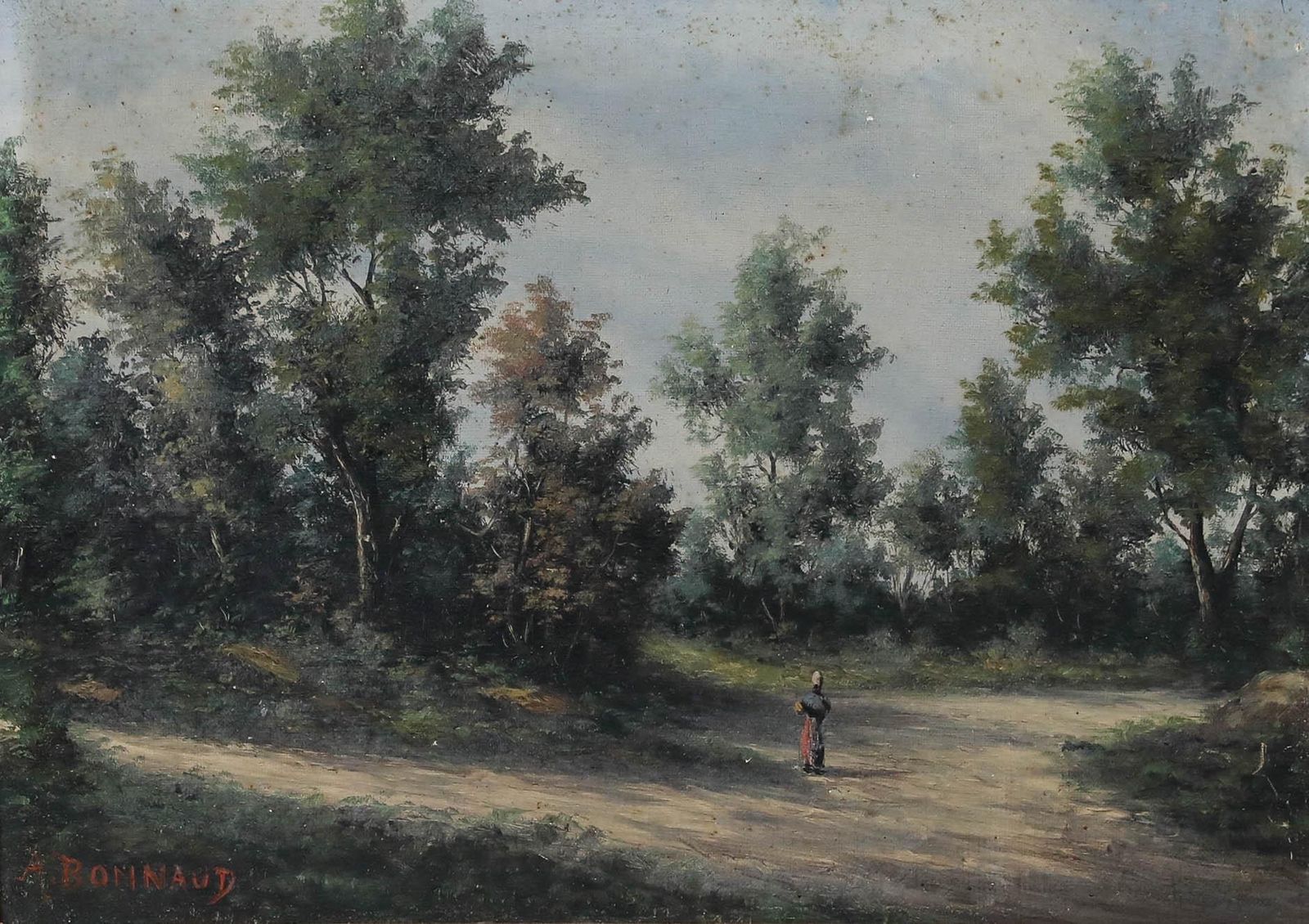 Alain Bonnaud Framed Early 20th Century Oil, Walking Through The Woods photo furniture