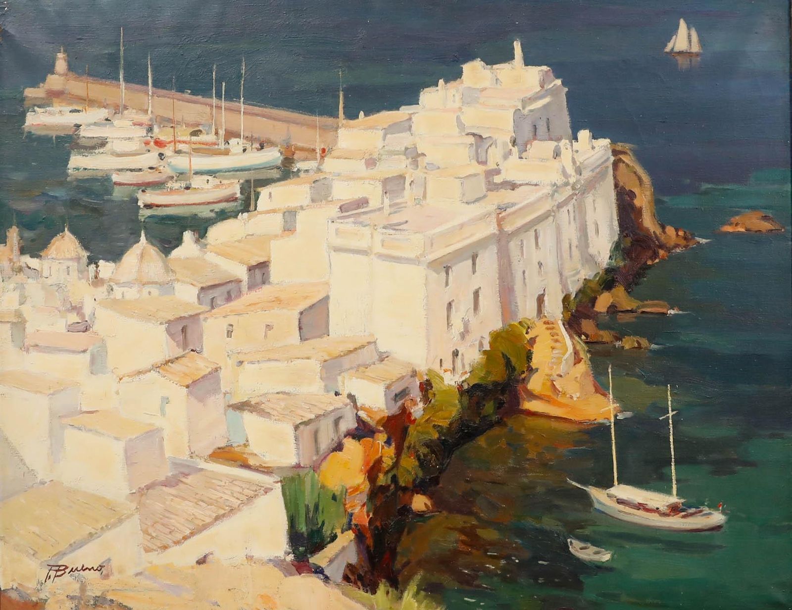 Francisco Bueno (1933 1989) Large Framed Mid 20th Century Oil, Sa Penya, Ibiza photo furniture