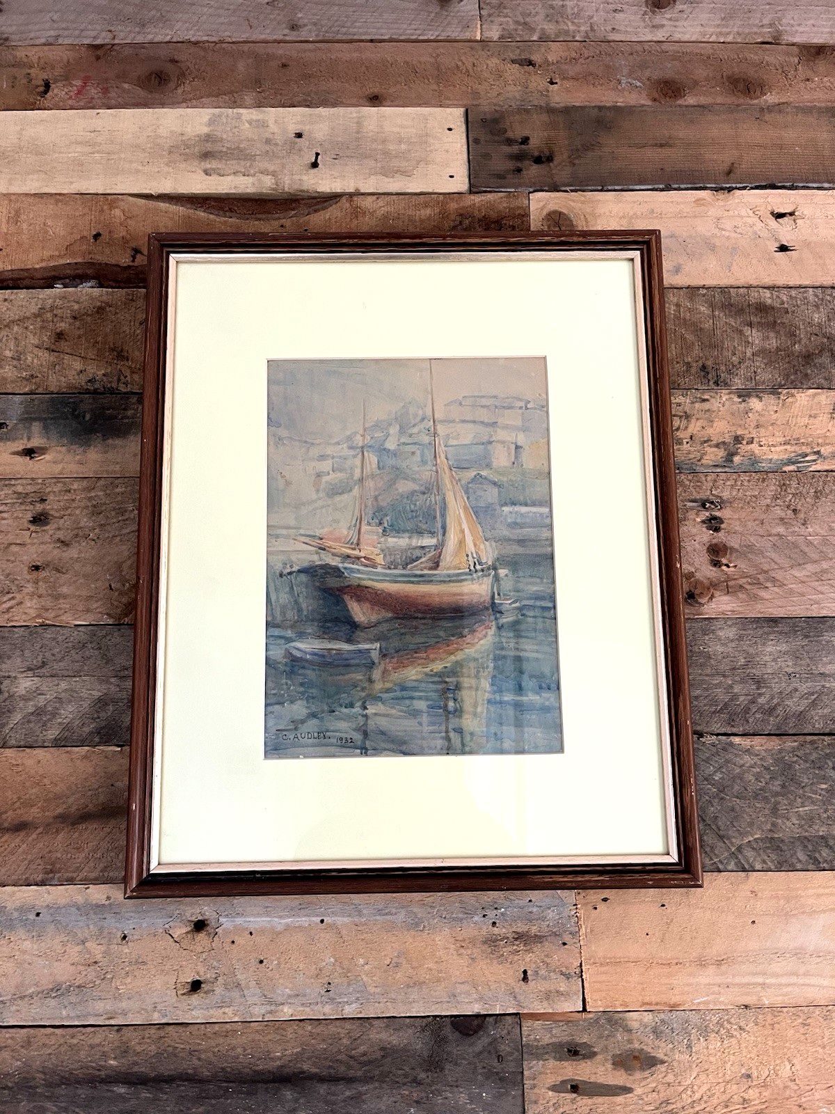 photo vinterior Antique Framed Watercolour Harbour Scene Sailing Boats Painting By Listed Artist