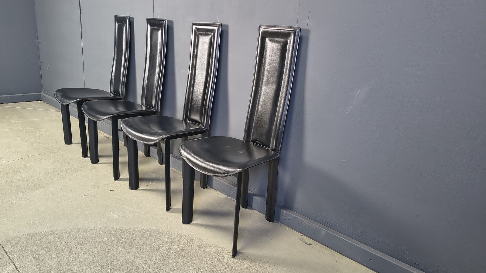 photo for sale Vintage Black Leather Dining Chairs, Set Of 4, 1980s