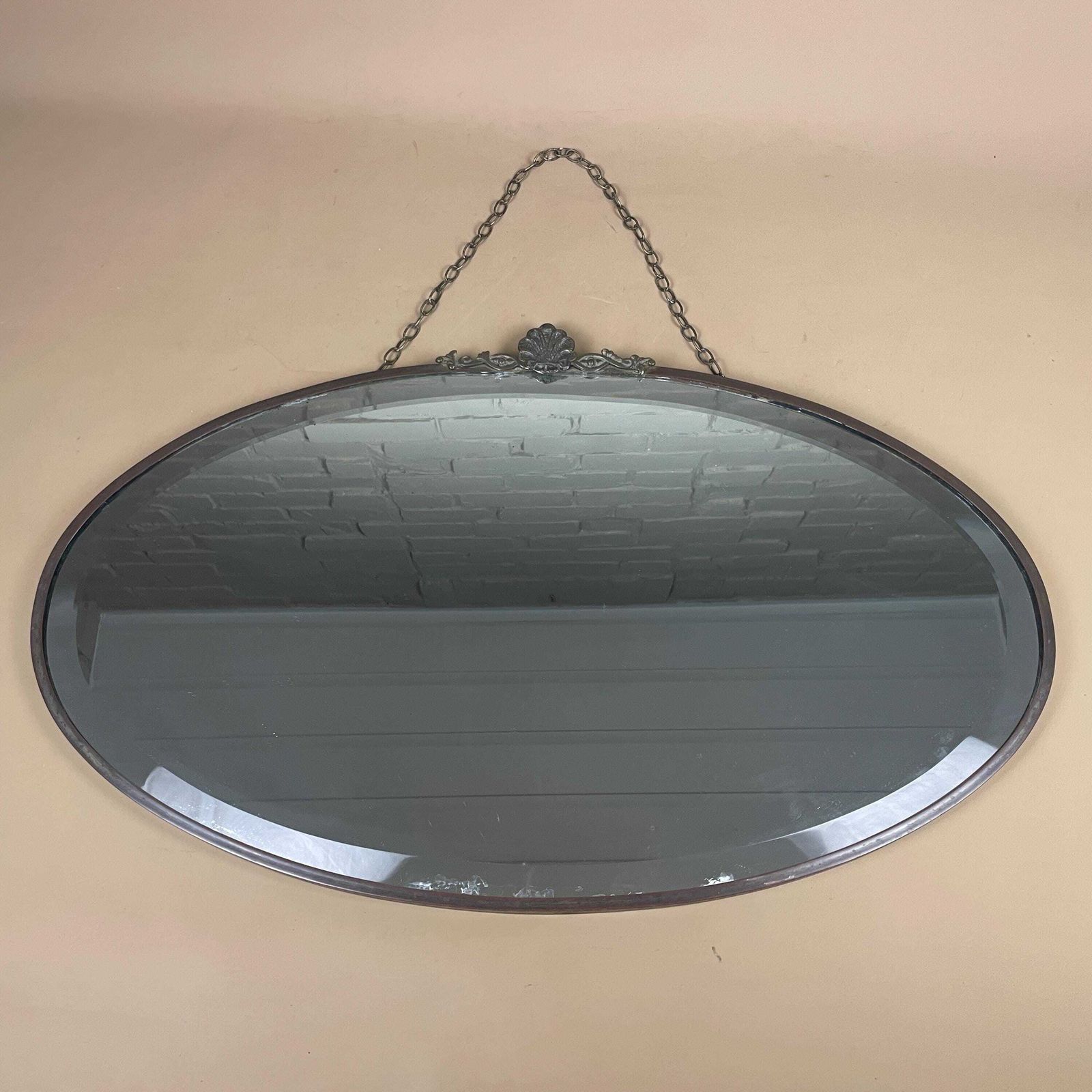Antique Wall Mirror Oval Metal Frame Bevelled Glass Hanging Chain Vintage 43.5x69.5cm Bedroom Hallway Pattern Border Pewter Silver Ornate