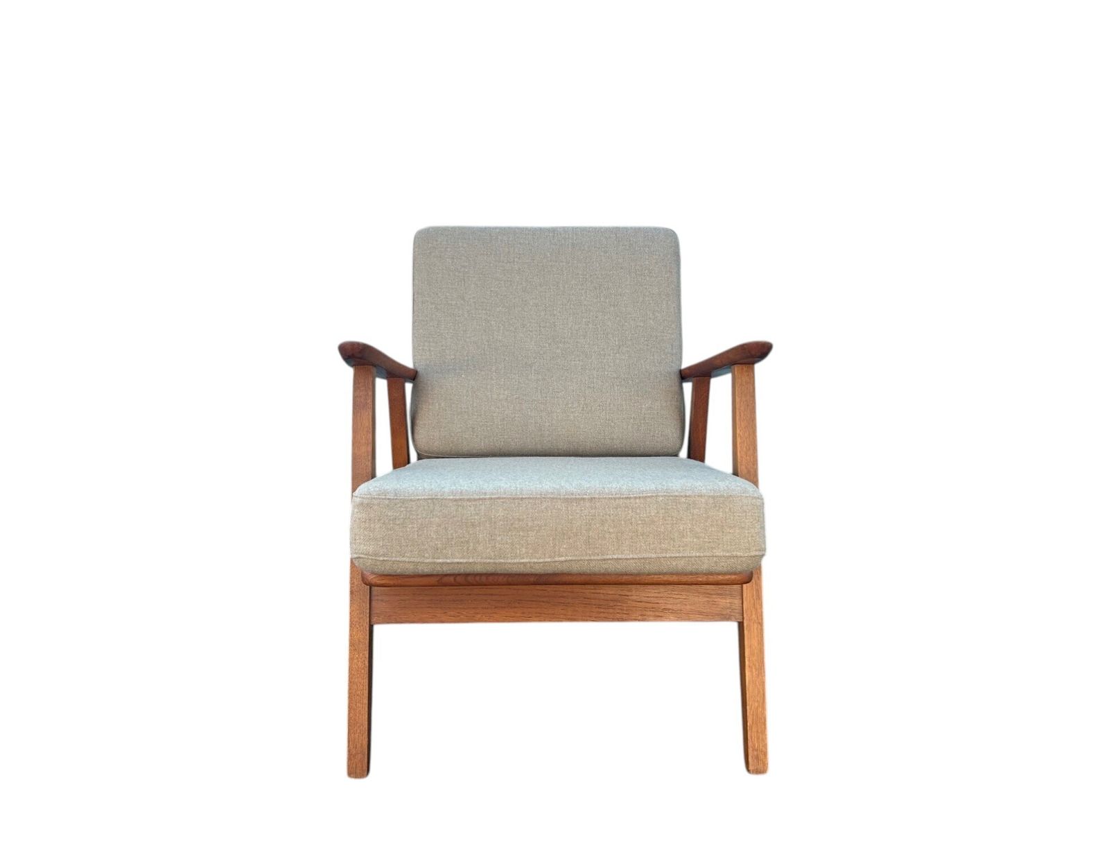 Danish Teak And Oak Cream Beige Wool Lounge Armchair Mid Century Chair 1960s photo for sale