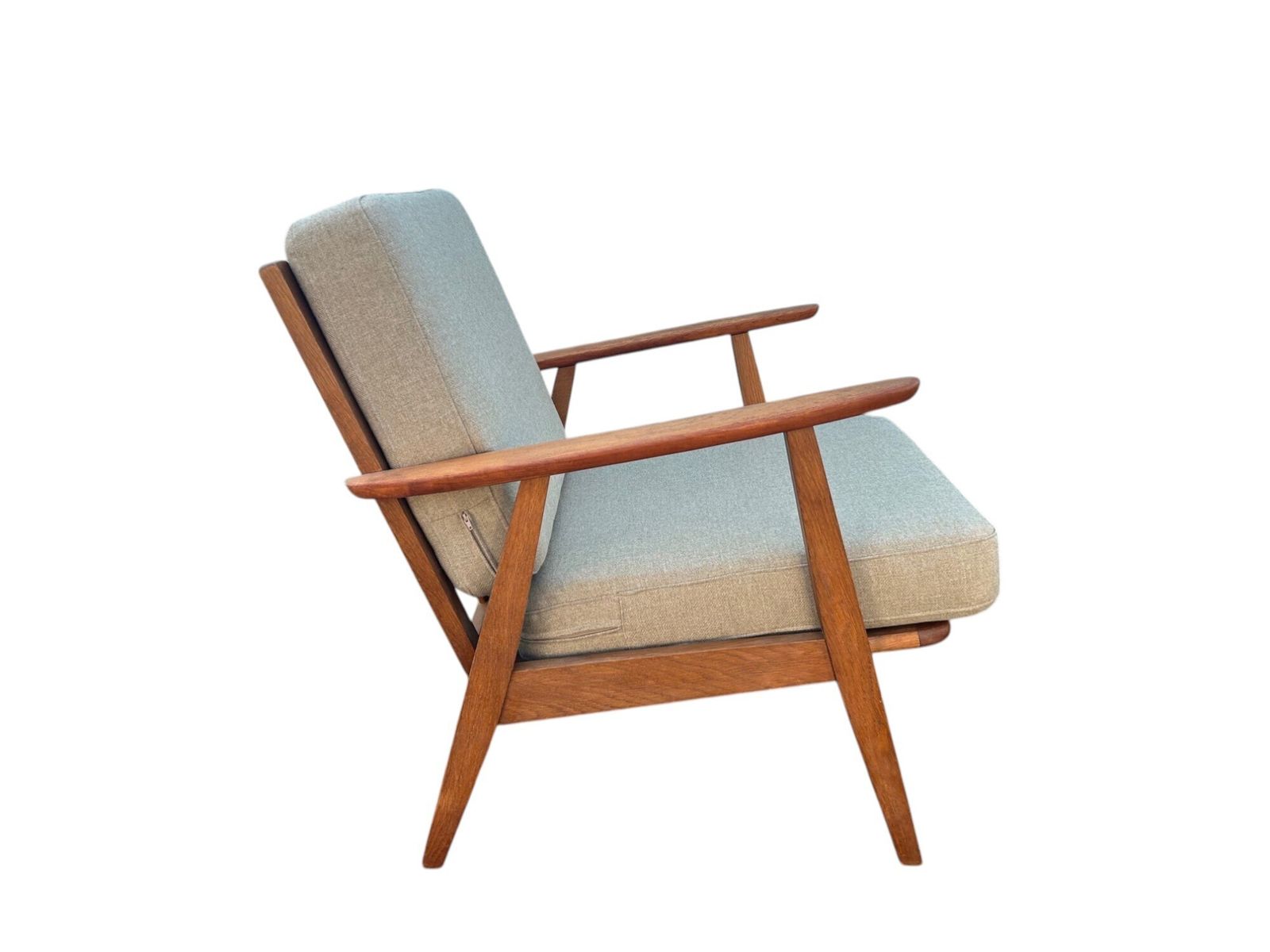photo for sale Danish Teak And Oak Cream Beige Wool Lounge Armchair Mid Century Chair 1960s