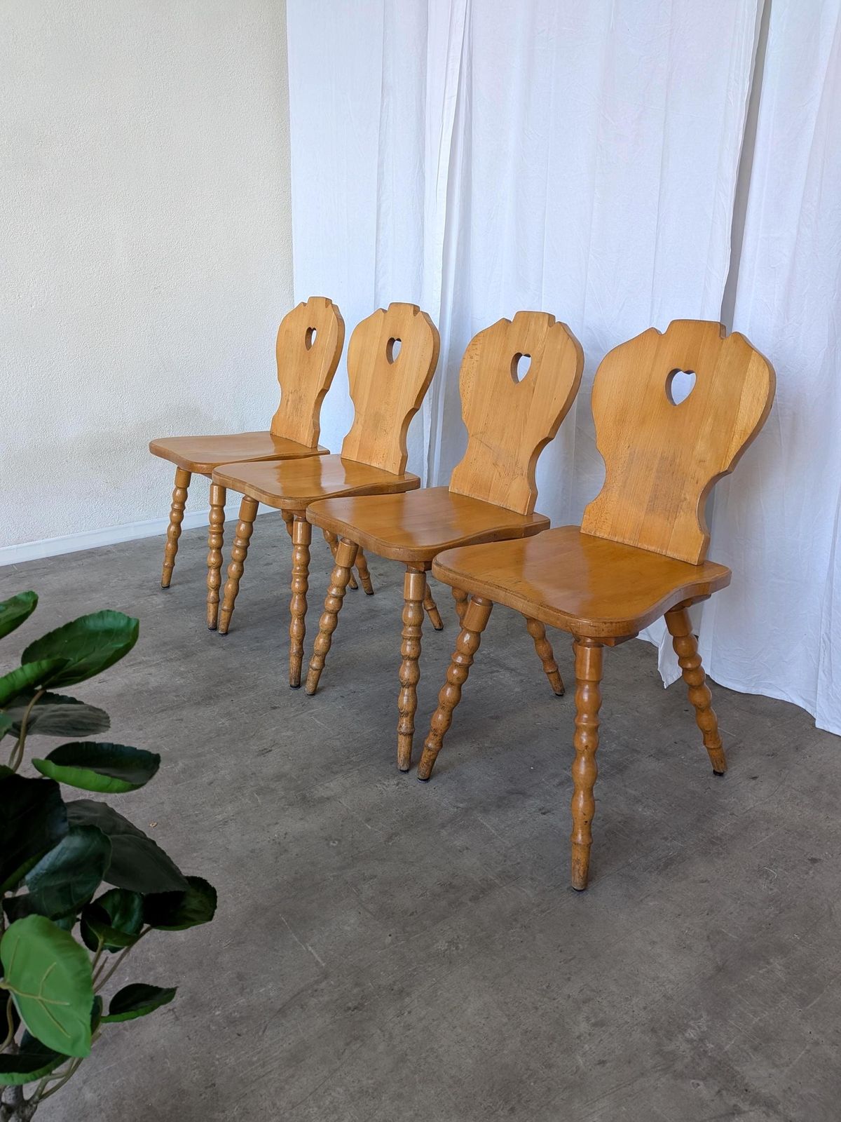 Set Of 4 Vintage Tyrolean Heart Cutout Wooden Dining Chairs, Rustic Farmhouse Style