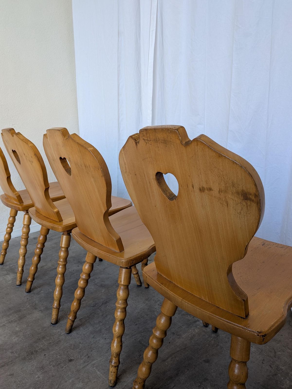 1160.0 Set Of 4 Vintage Tyrolean Heart Cutout Wooden Dining Chairs, Rustic Farmhouse Style photo