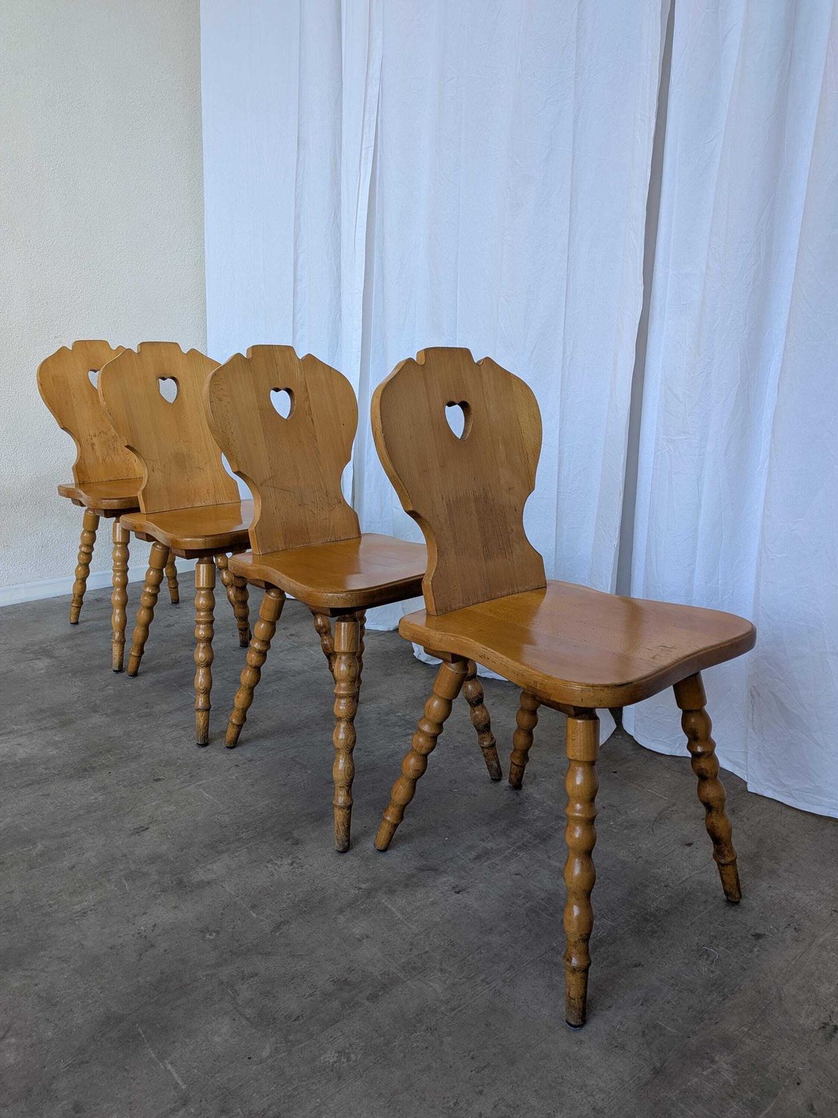photo buy Set Of 4 Vintage Tyrolean Heart Cutout Wooden Dining Chairs, Rustic Farmhouse Style