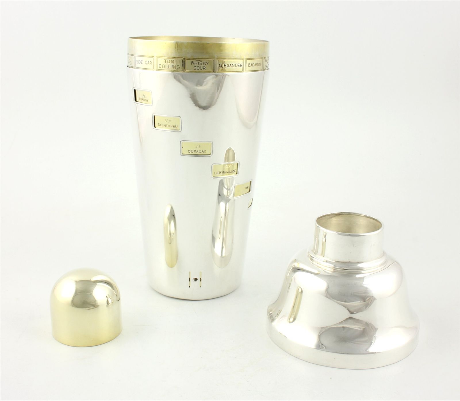 photo buy Art Deco Dial A Drink Recipe Cocktail Shaker. Silver Plate & Gilt C1930.
