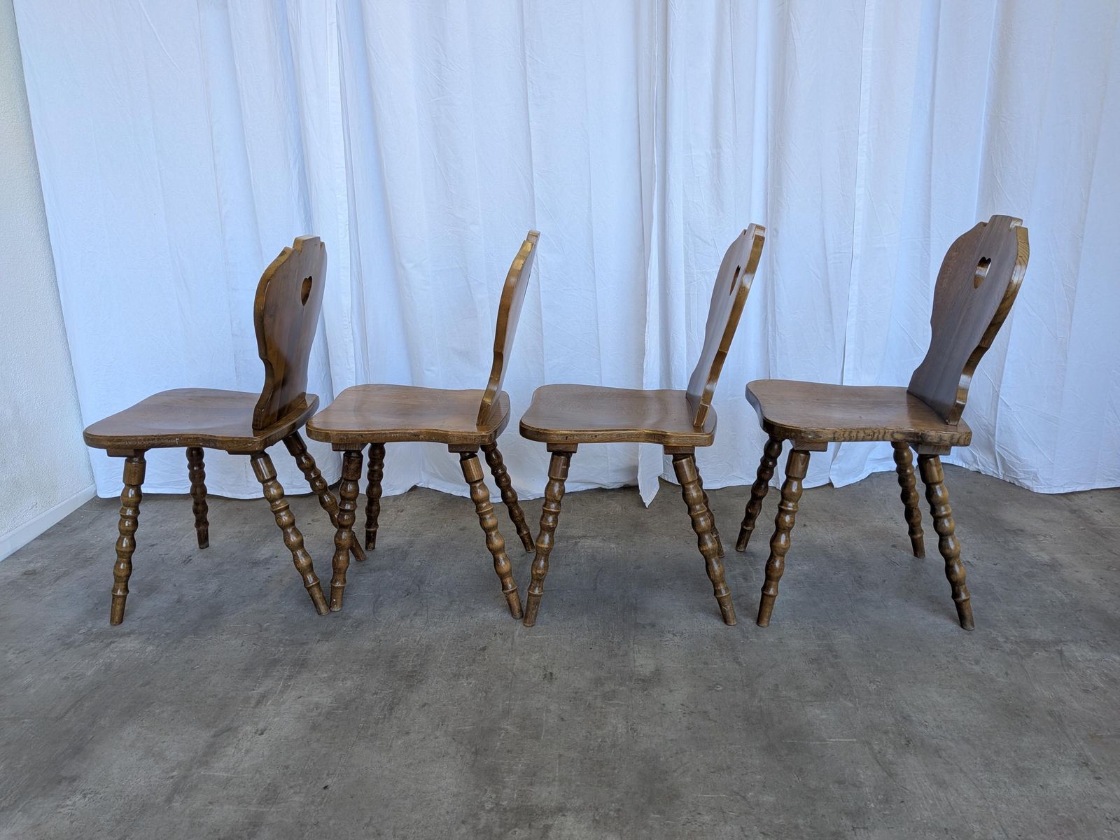 photo buy Set Of 4 Vintage Tyrolean Heart Cutout Wooden Dining Chairs / Darker Brown Wood