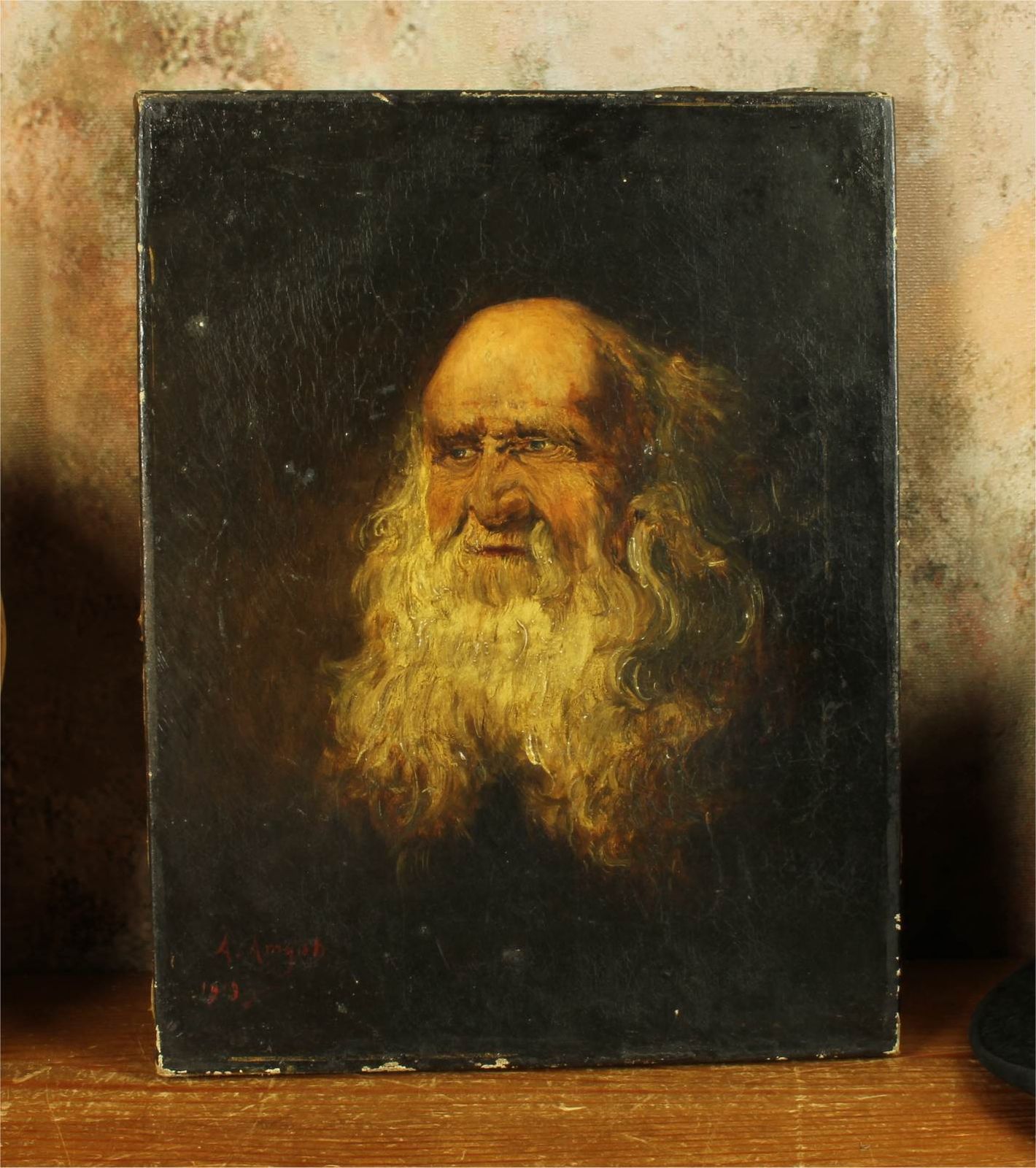 Antique Bearded Gentleman Oil Painting. Old Man Beard Portrait. 1913.